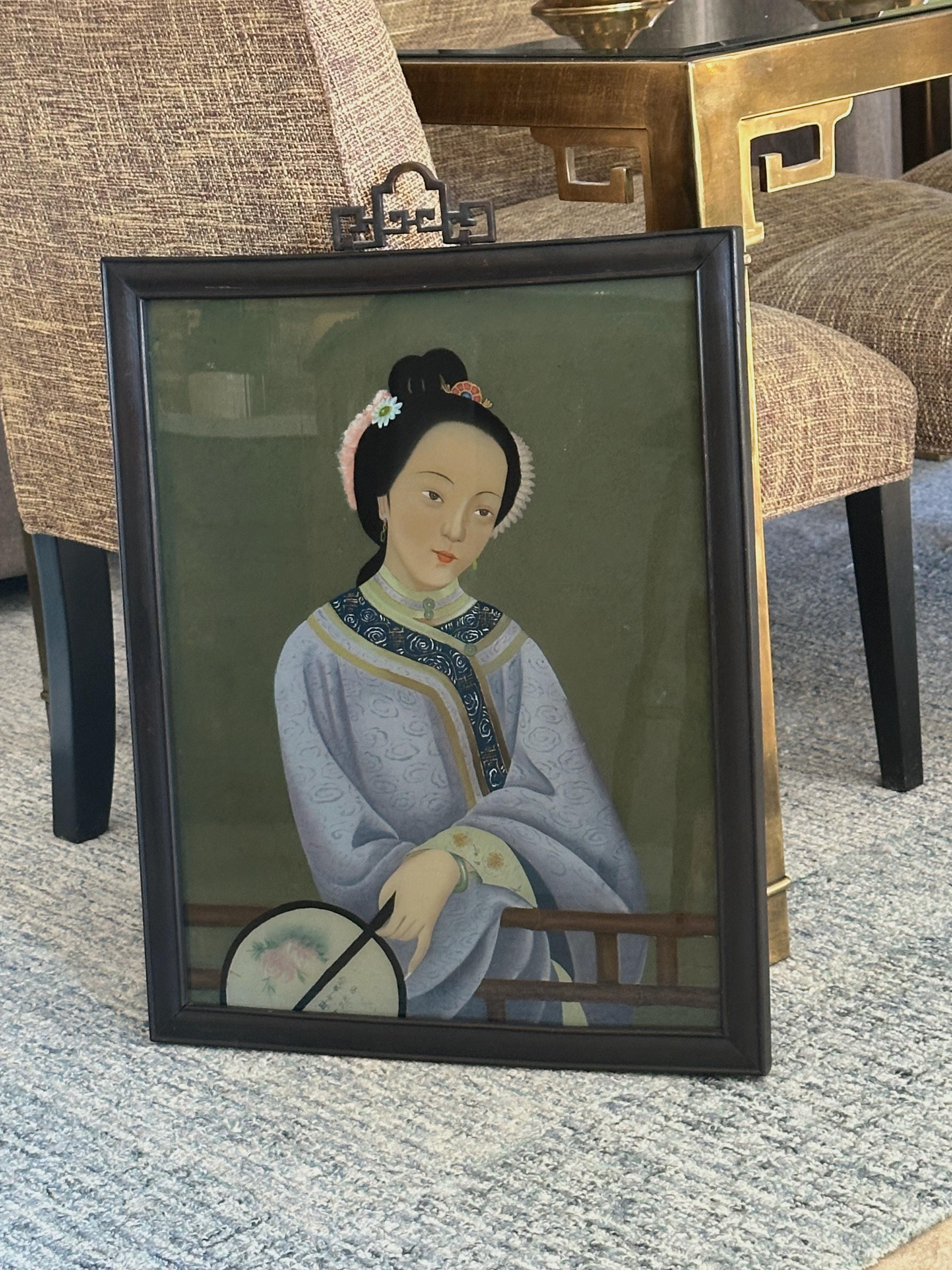 Pintura china al dorso de vidrio de exportación Mujer joven en Bueno estado para la venta en Palm Springs, CA