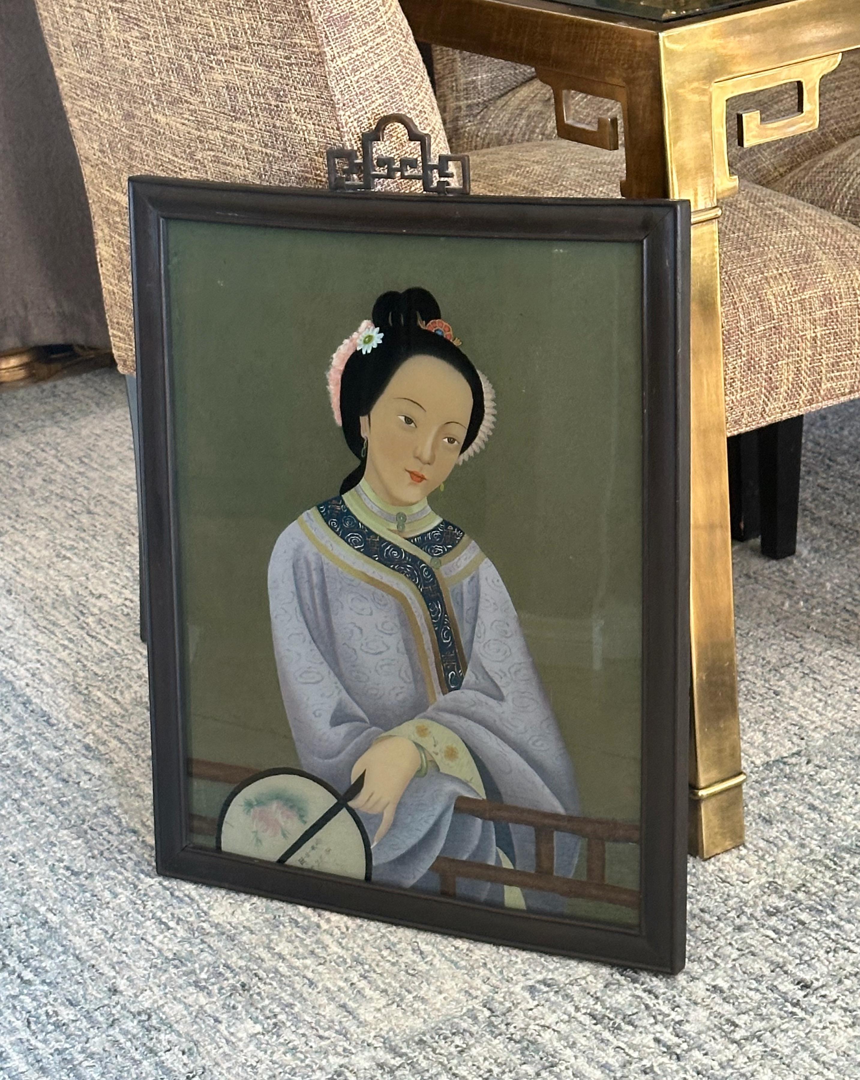 Pintura china al dorso de vidrio de exportación Mujer joven siglo XX en venta