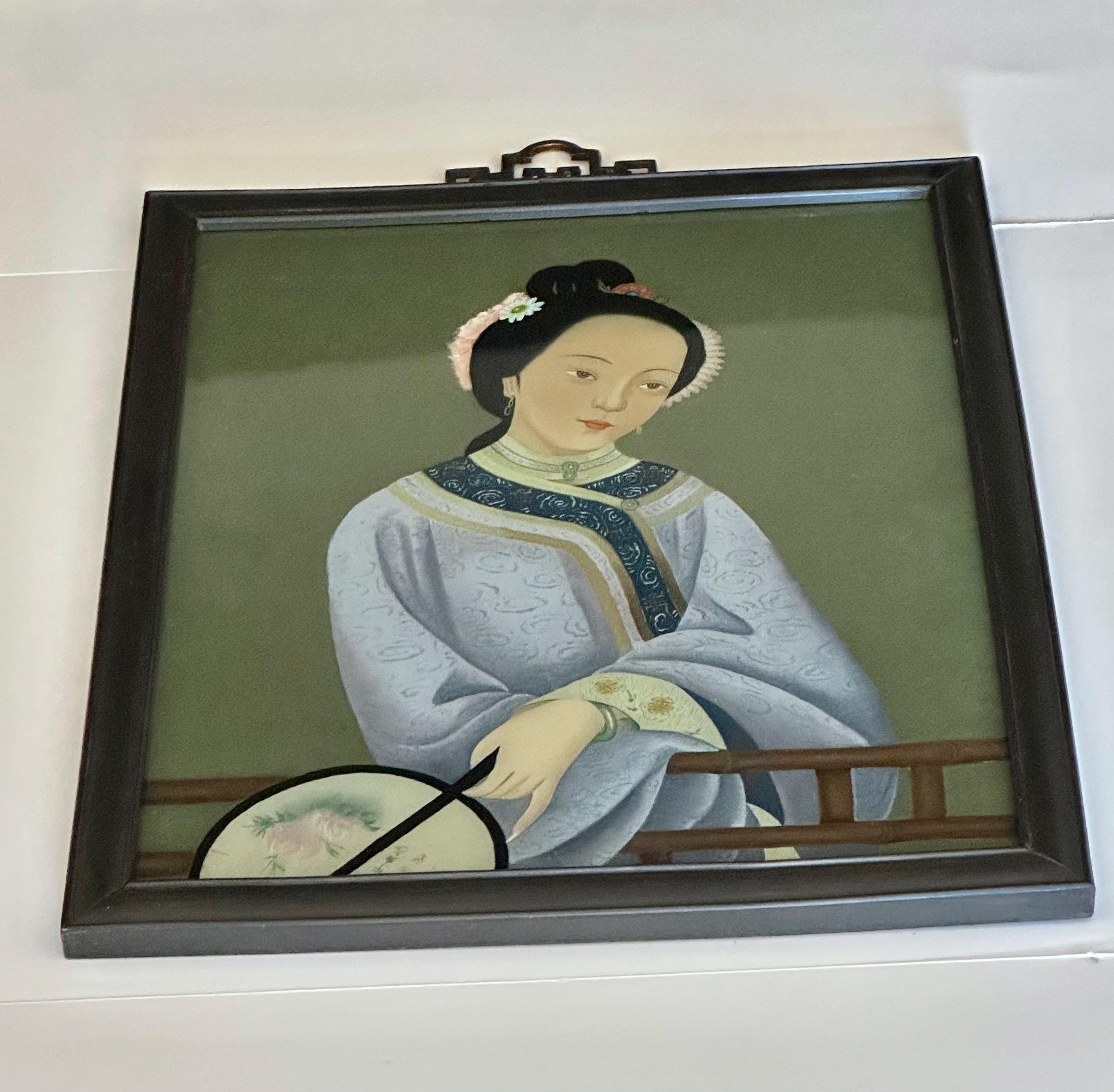 Pintura china al dorso de vidrio de exportación Mujer joven en venta 1