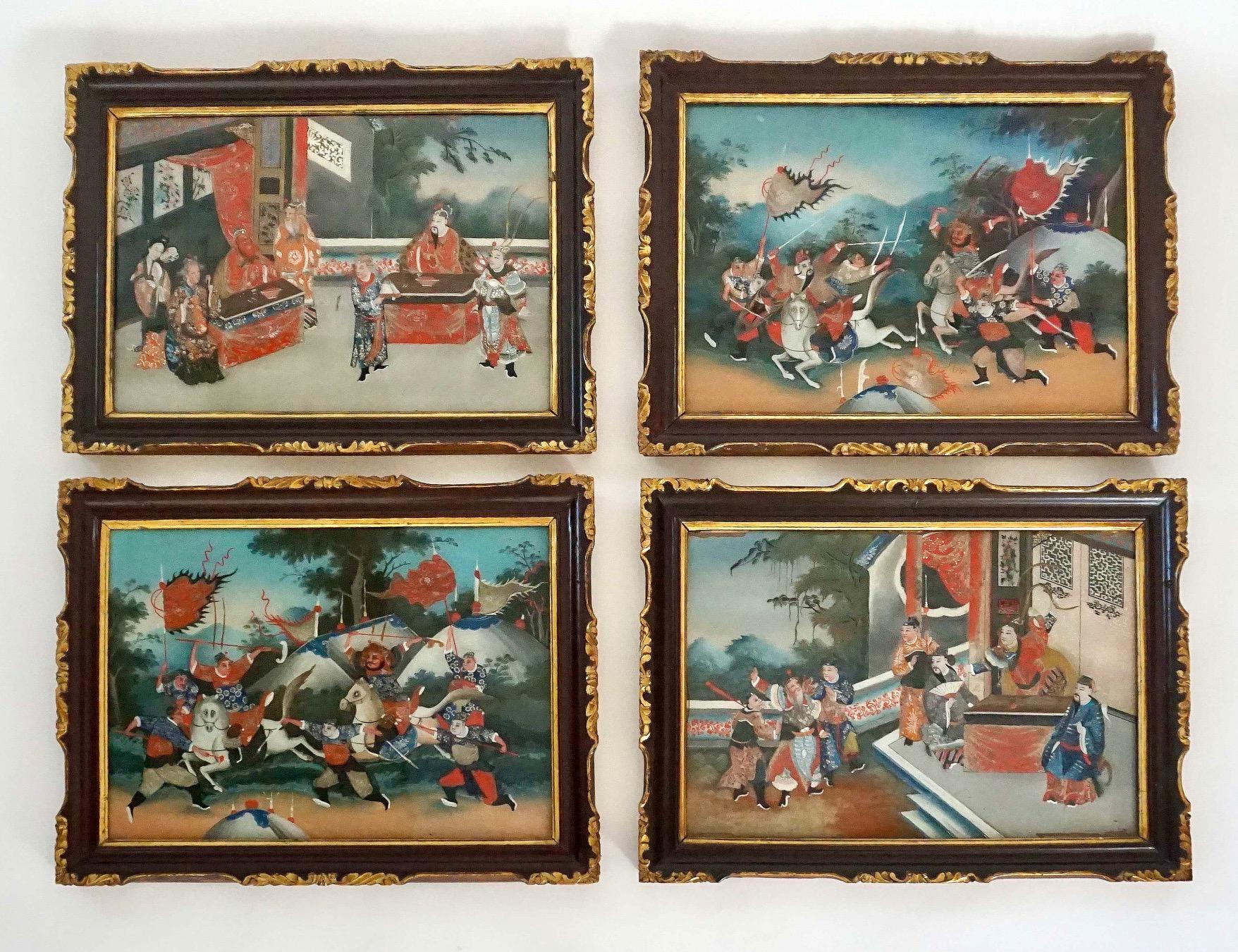 A set of four circa 1825 Chinese Export polychrome reverse glass paintings comprised of figural court views and battle scenes in original 'Chinese Chippendale' parcel-gilt aubergine lacquer frames and reverse backboards. A remarkable and