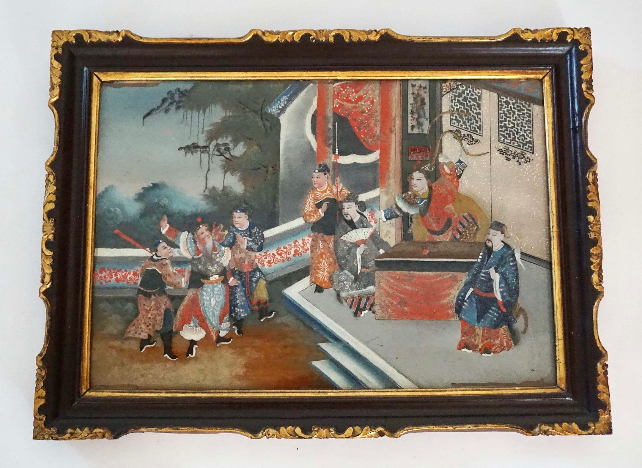 Hand-Carved Chinese Export Reverse Glass Paintings, Set of Four, circa 1825 For Sale