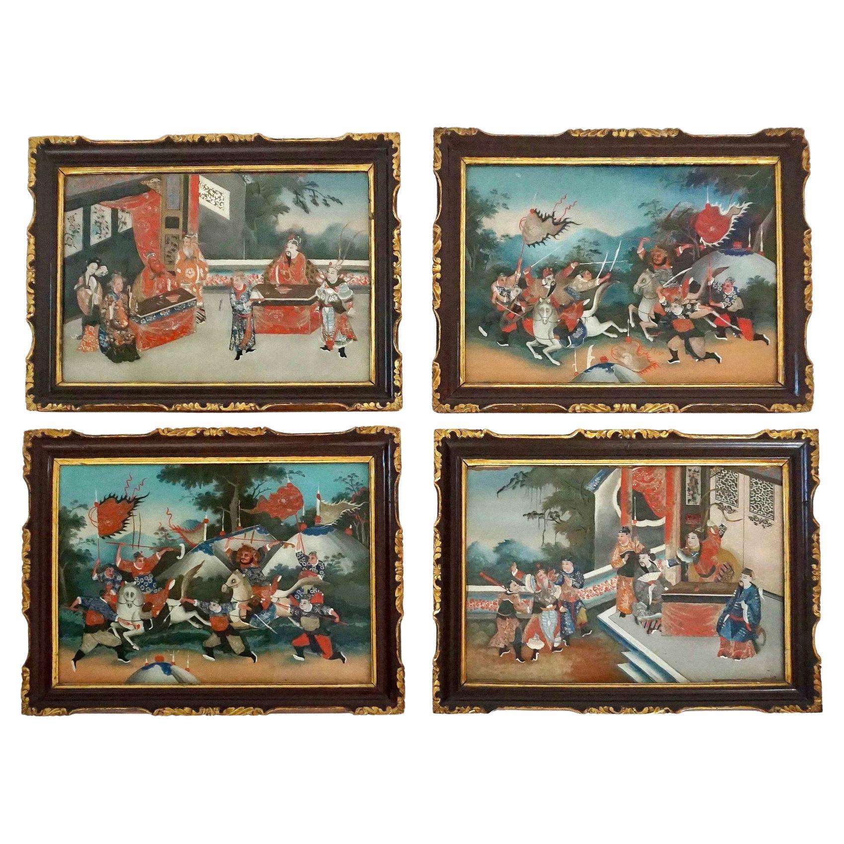 Ensemble de quatre peintures en verre inversé d'exportation chinoise, datant d'environ 1825