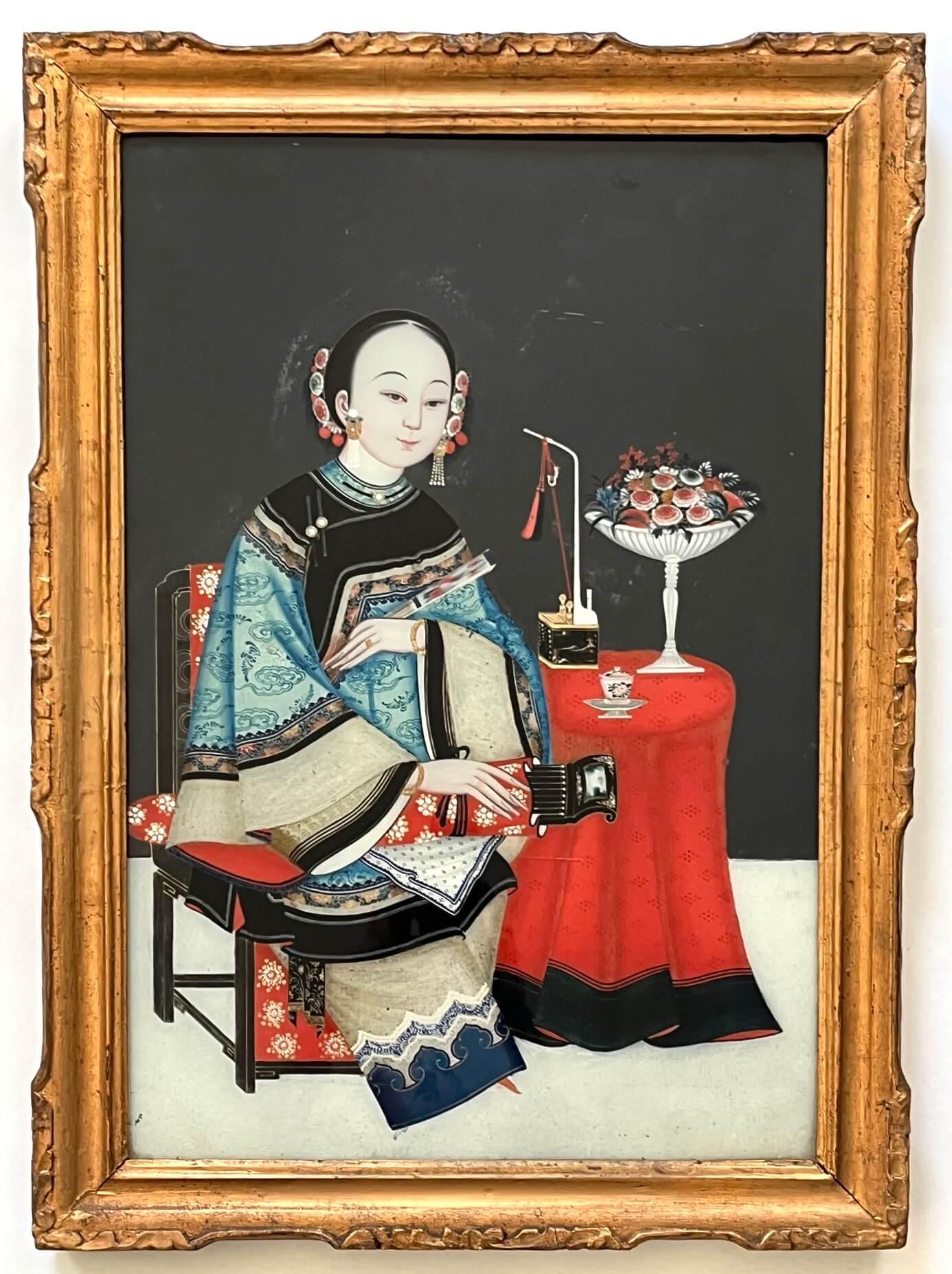 Chinese Export Reverse Glass Portrait Painting of an Opium Maiden, circa 1830 For Sale 5