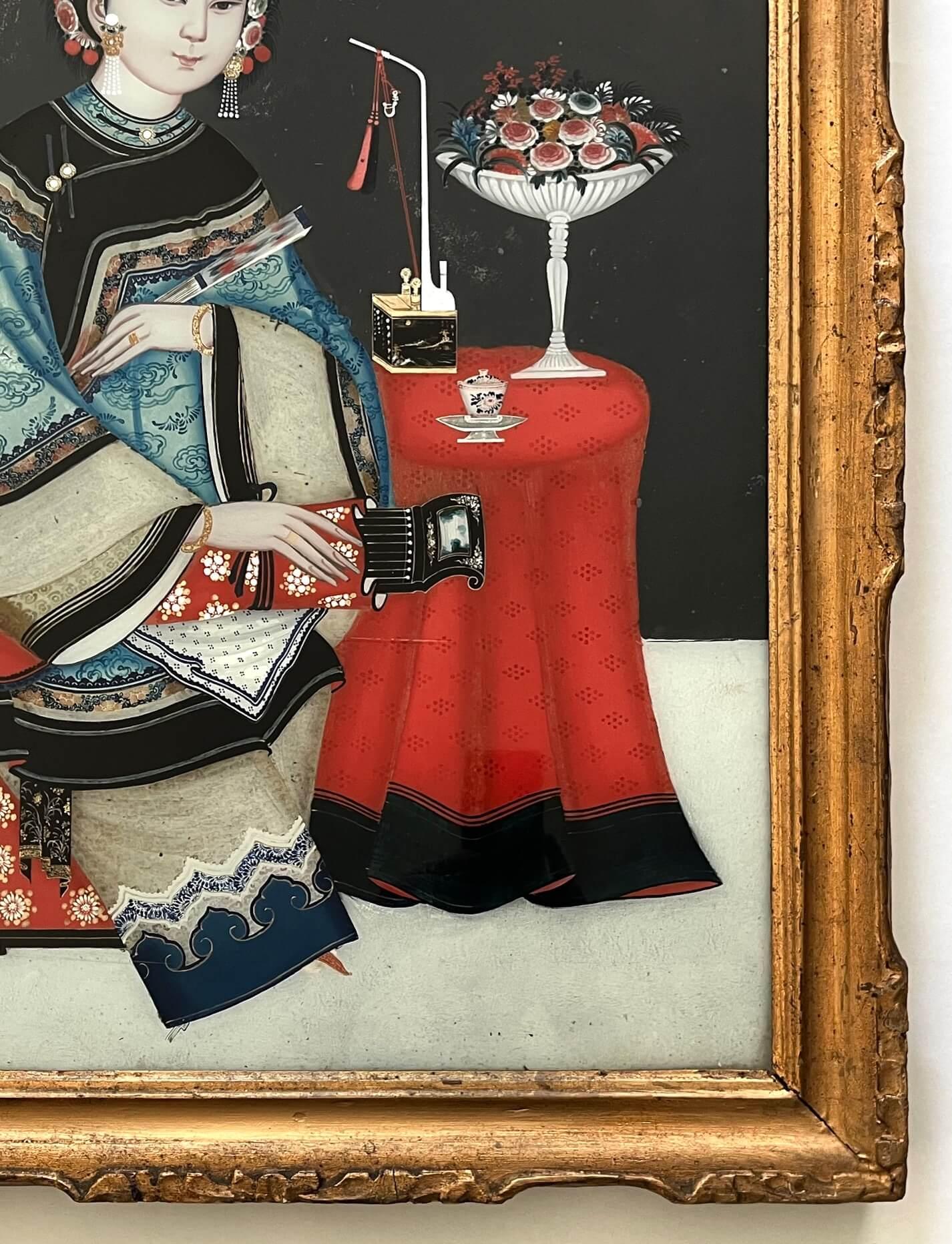 Chinese Export Reverse Glass Portrait Painting of an Opium Maiden, circa 1830 For Sale 6