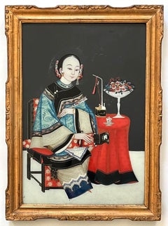 Chinese Export Reverse Glass Portrait Painting of an Opium Maiden, circa 1830