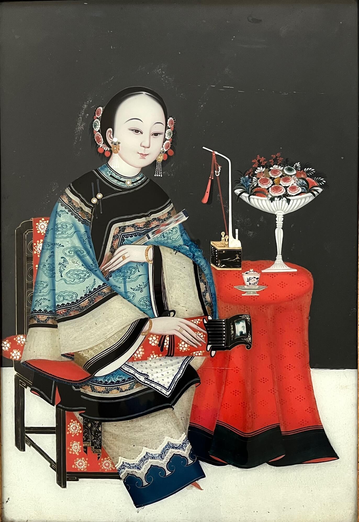 Hand-Carved Chinese Export Reverse Glass Portrait Painting of an Opium Maiden, circa 1830 For Sale