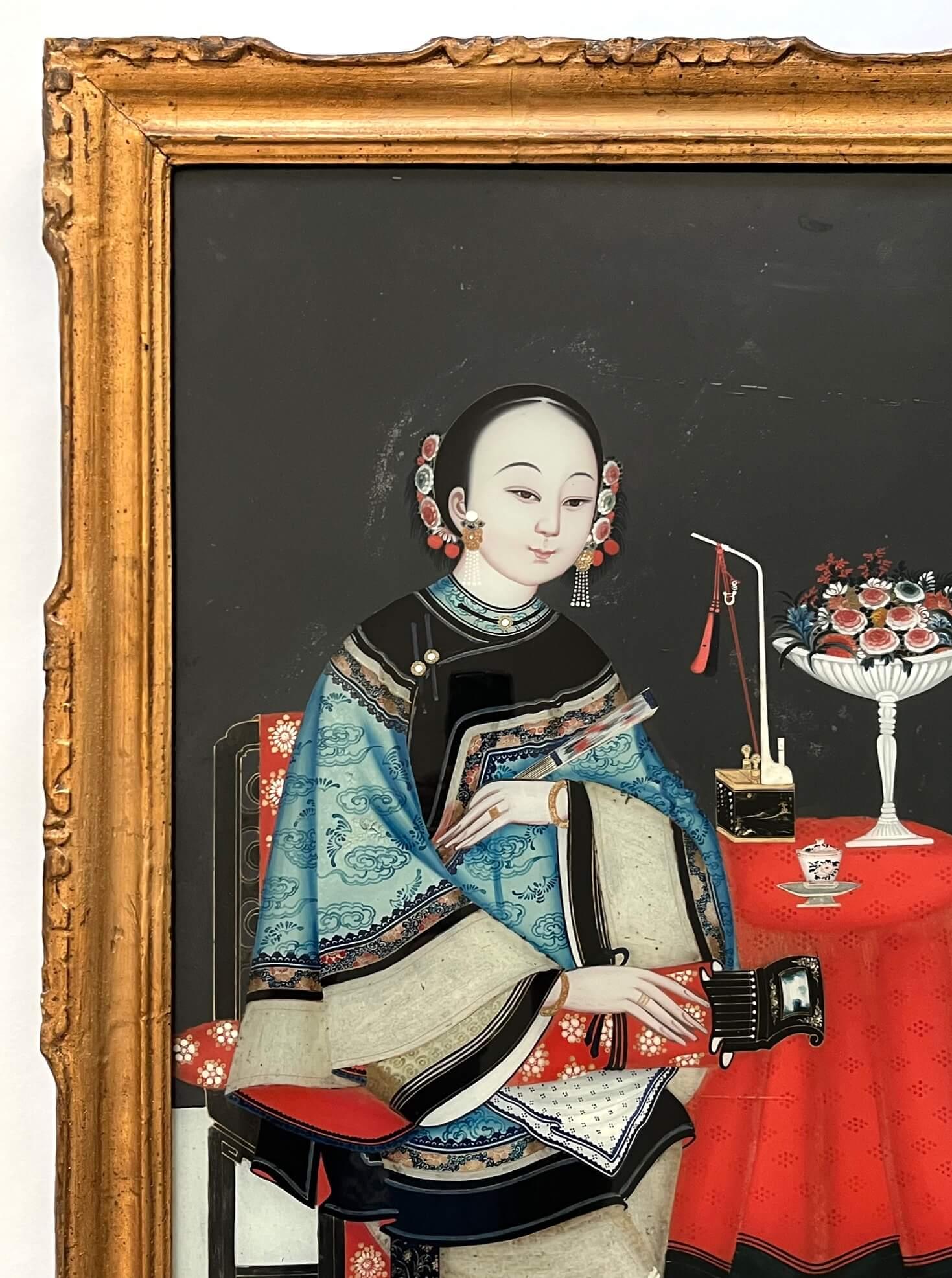 Chinese Export Reverse Glass Portrait Painting of an Opium Maiden, circa 1830 In Good Condition For Sale In Kinderhook, NY