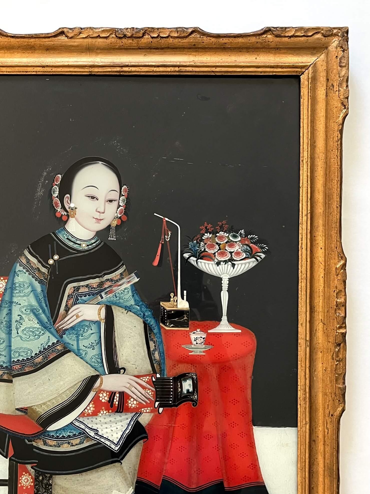 19th Century Chinese Export Reverse Glass Portrait Painting of an Opium Maiden, circa 1830 For Sale