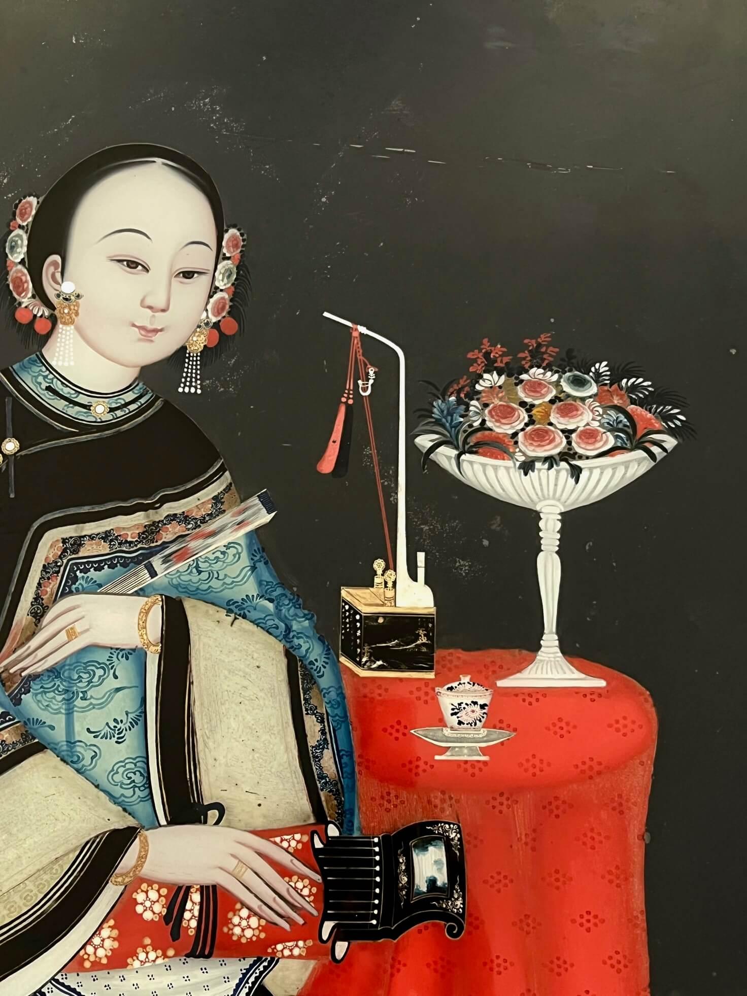Chinese Export Reverse Glass Portrait Painting of an Opium Maiden, circa 1830 For Sale 1
