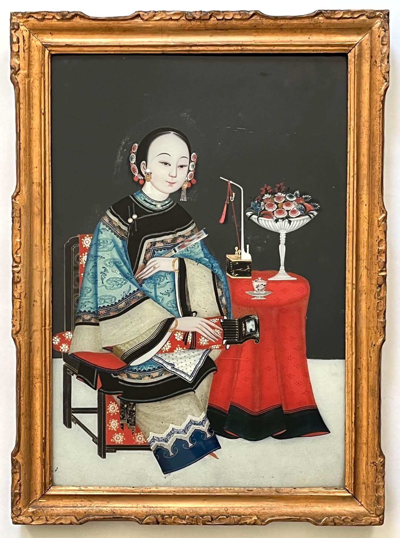 Chinese Export Reverse Glass Portrait Painting of an Opium Maiden, circa 1830 For Sale 3