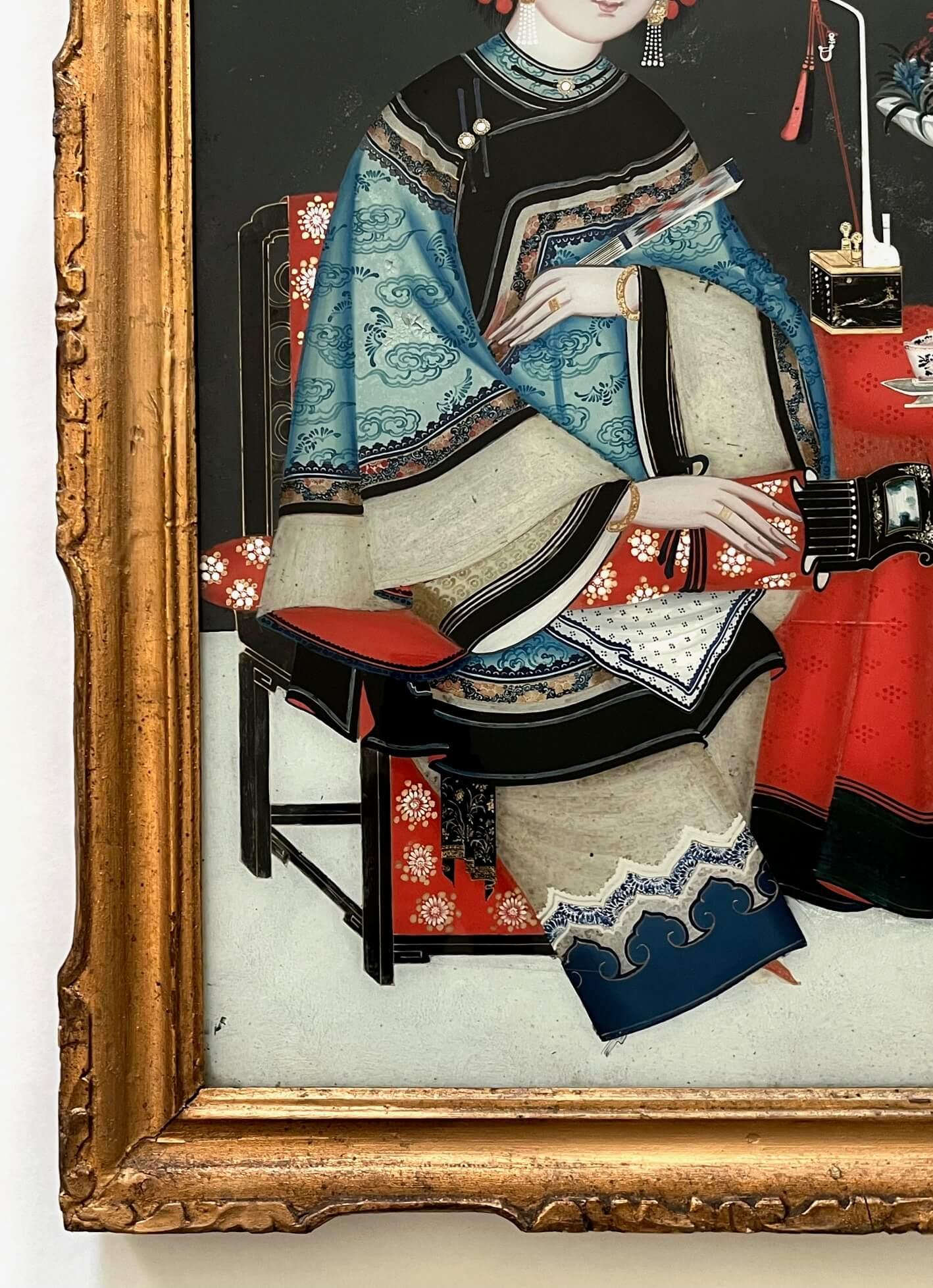 Chinese Export Reverse Glass Portrait Painting of an Opium Maiden, circa 1830 For Sale 4