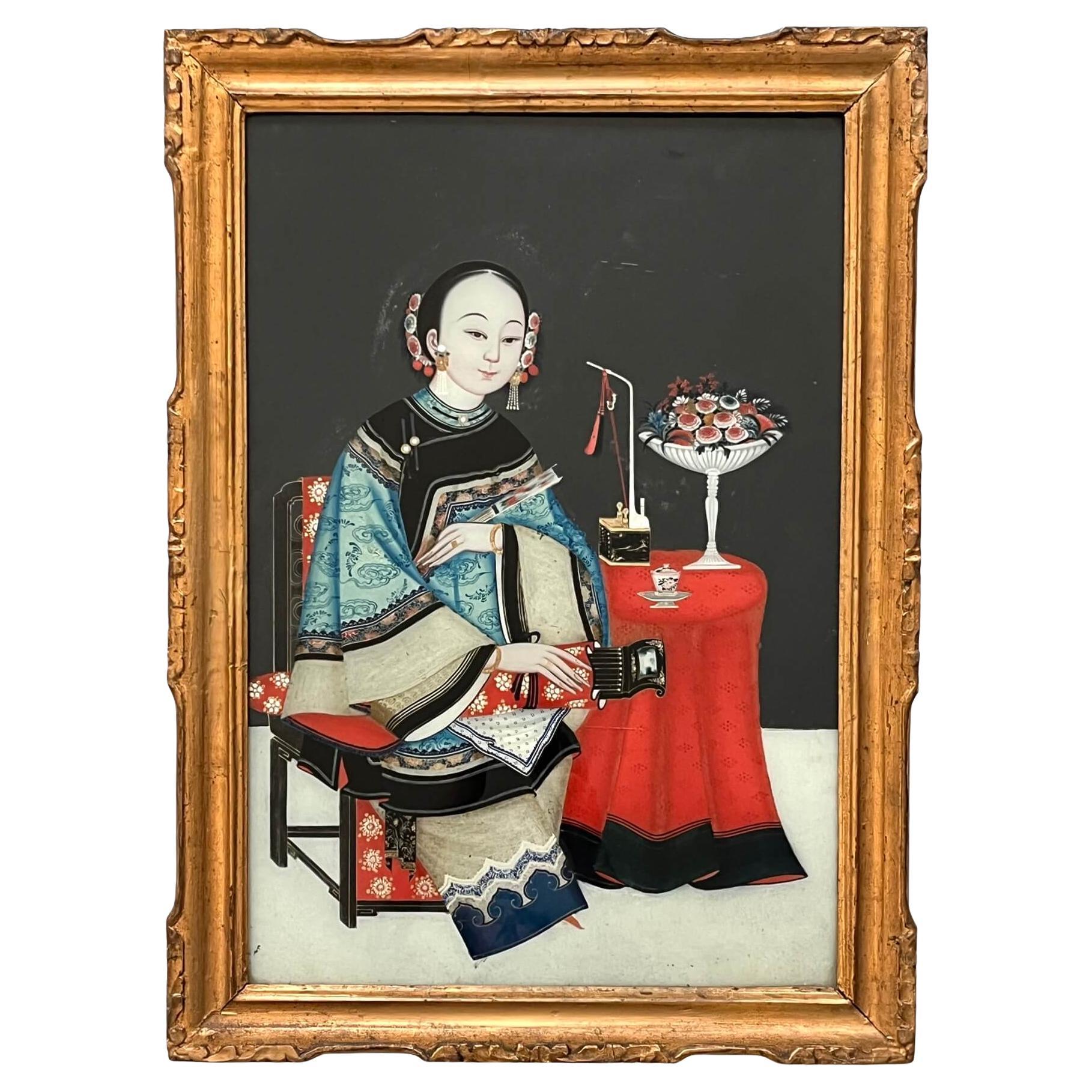 Chinese Export Reverse Glass Portrait Painting of an Opium Maiden, circa 1830
