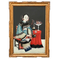 Antique Chinese Export Reverse Glass Portrait Painting of an Opium Maiden, circa 1830