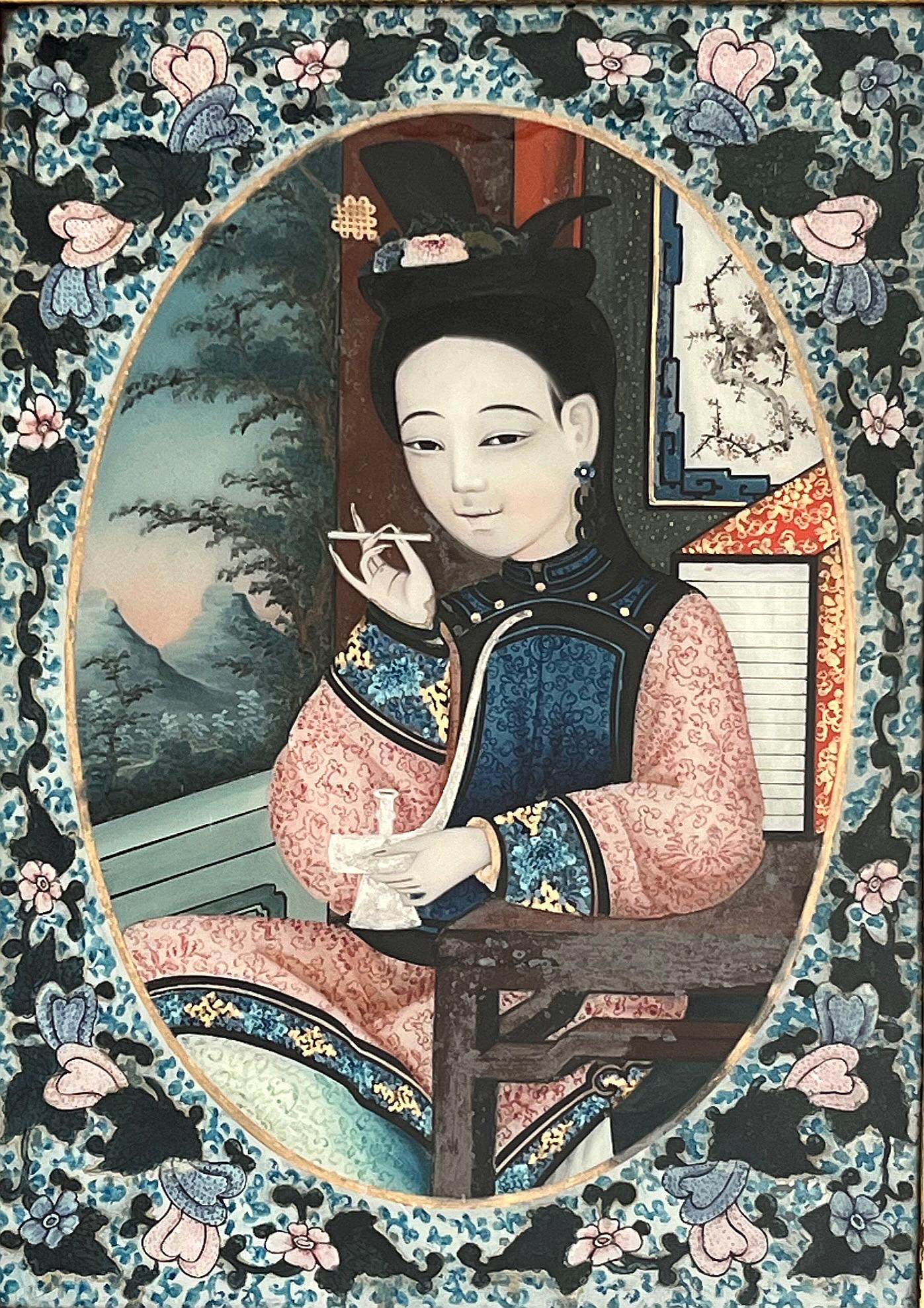 Chinesisches Export-Reversglas-Porträtgemälde eines Opiummädchens, um 1880 (Chinesischer Export) im Angebot