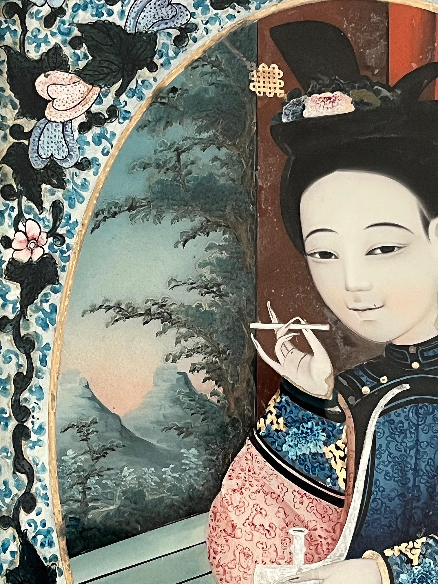 Hand-Carved Chinese Export Reverse Glass Portrait Painting of an Opium Maiden, circa 1880 For Sale
