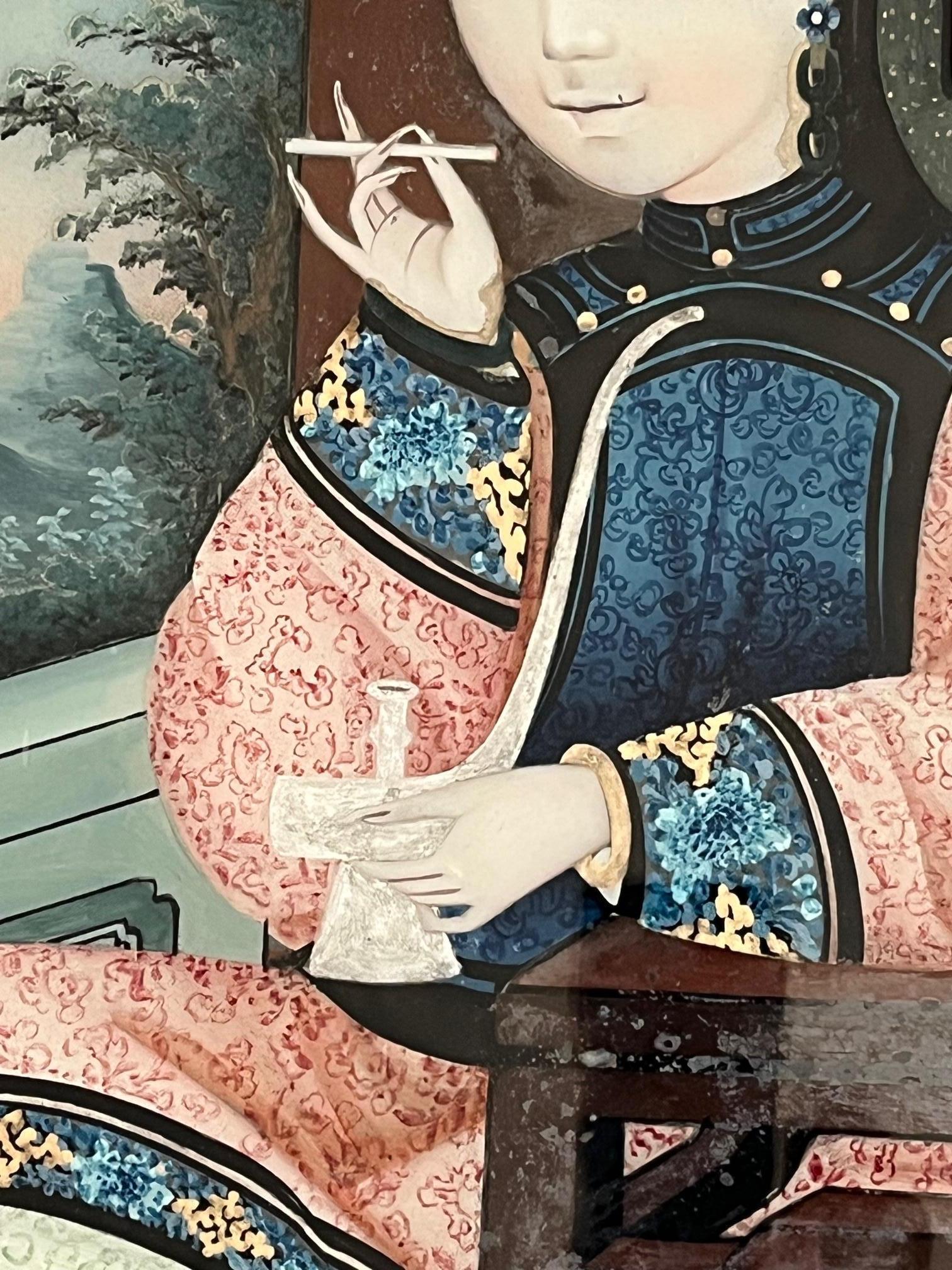 Chinese Export Reverse Glass Portrait Painting of an Opium Maiden, circa 1880 In Good Condition For Sale In Kinderhook, NY