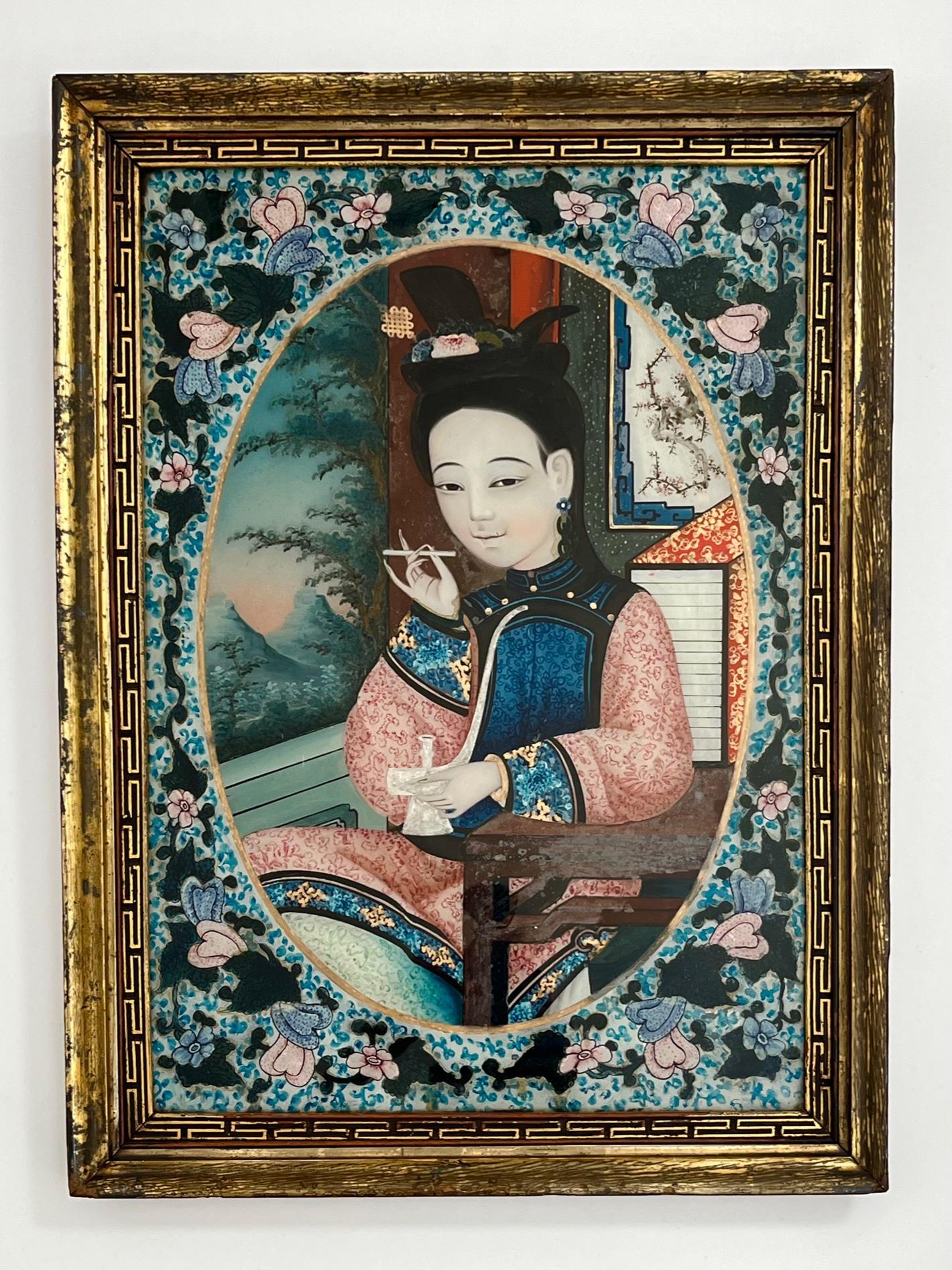 Chinese Export Reverse Glass Portrait Painting of an Opium Maiden, circa 1880 For Sale 1