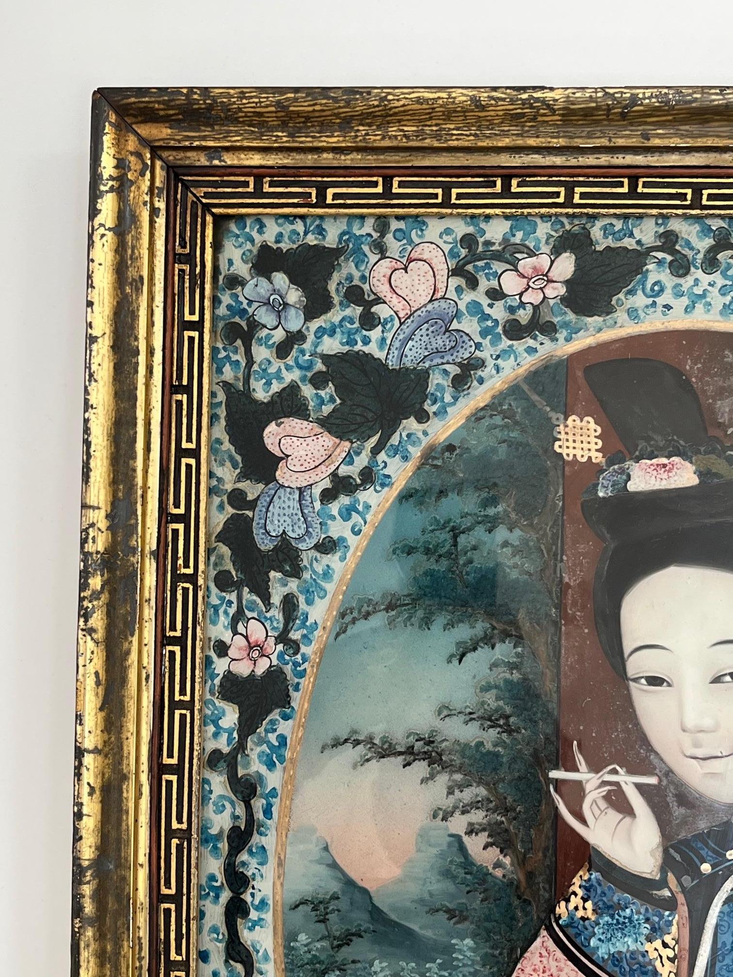 Chinese Export Reverse Glass Portrait Painting of an Opium Maiden, circa 1880 For Sale 2