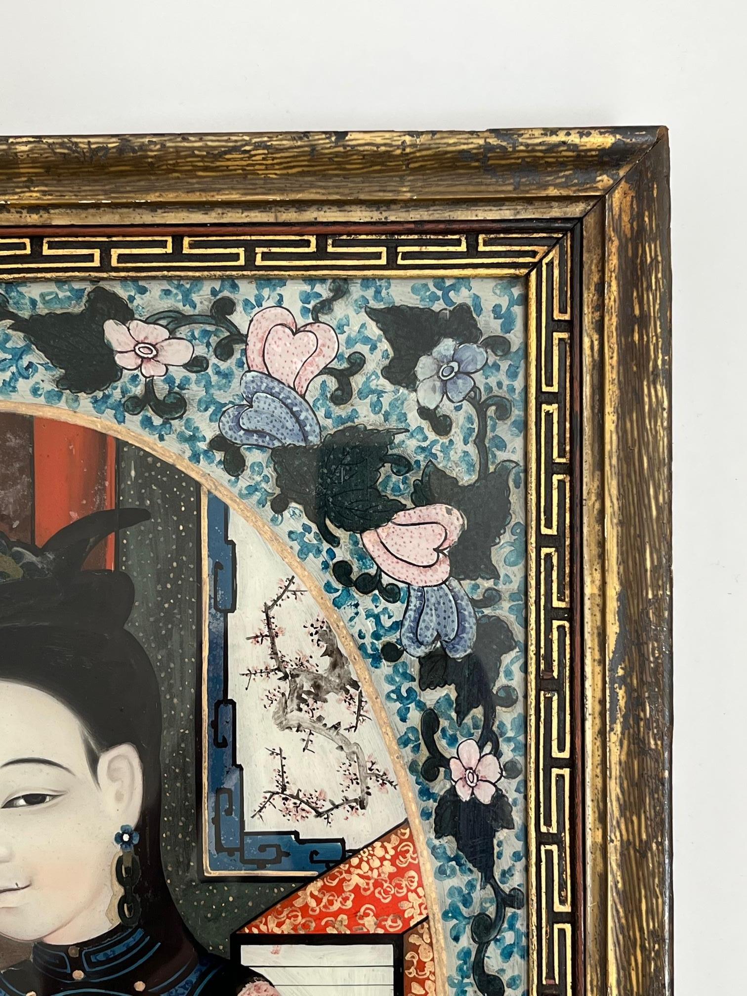 Chinese Export Reverse Glass Portrait Painting of an Opium Maiden, circa 1880 For Sale 3