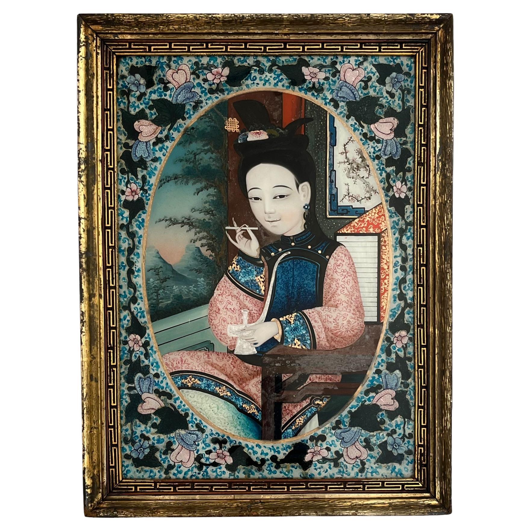 Chinese Export Reverse Glass Portrait Painting of an Opium Maiden, circa 1880 For Sale