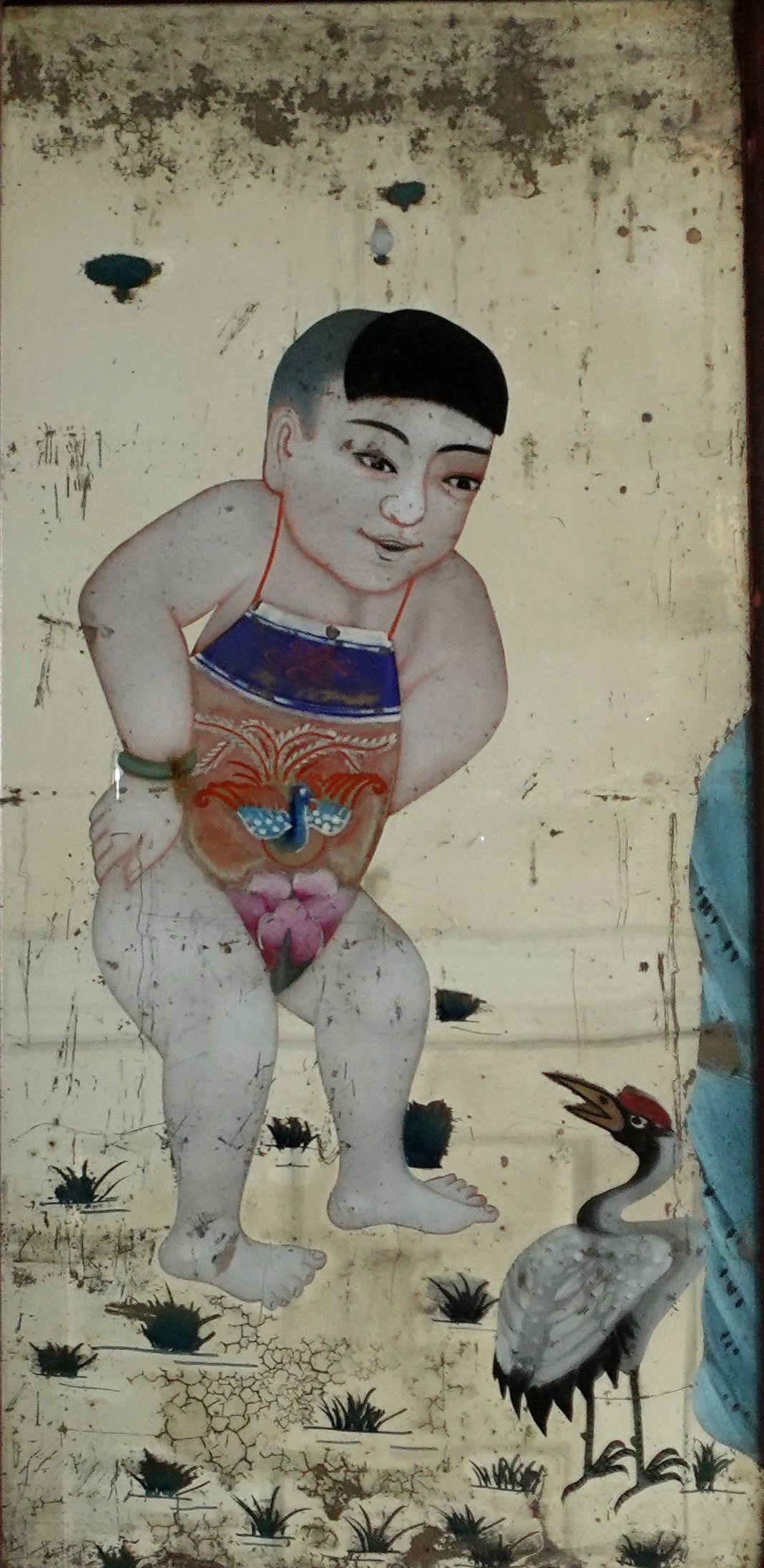 Hand-Painted Chinese Export Reverse Paintings on Mirror-The Boy with a Crane For Sale