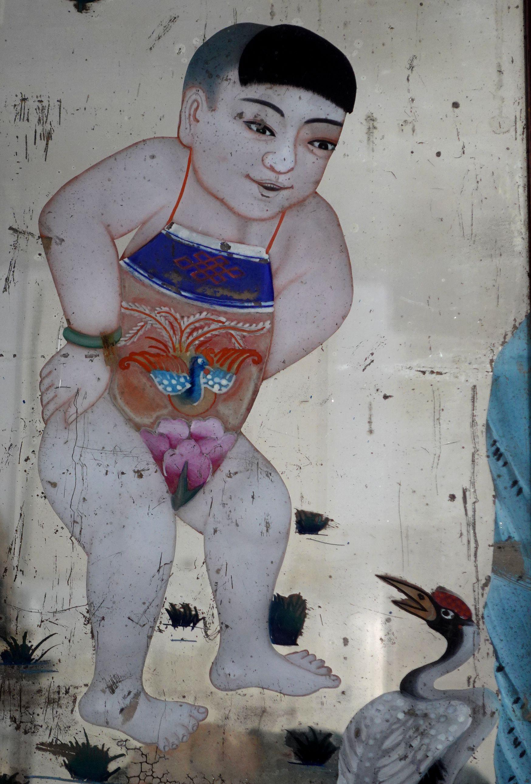 Peint à la main Peintures d'exportation chinoise à l'envers sur miroir - Le garçon avec une grue en vente