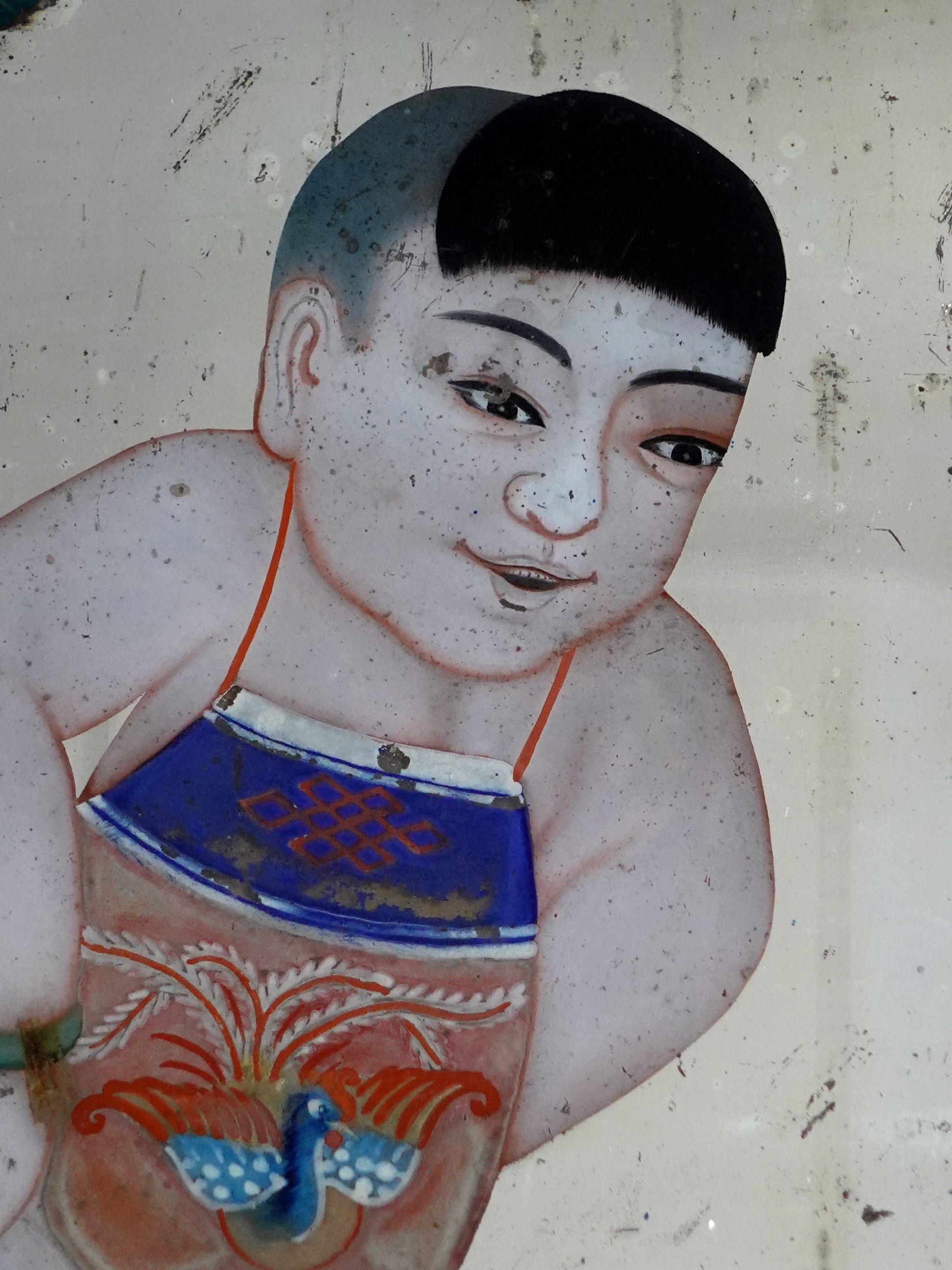 Peintures d'exportation chinoise à l'envers sur miroir - Le garçon avec une grue Bon état - En vente à Norton, MA