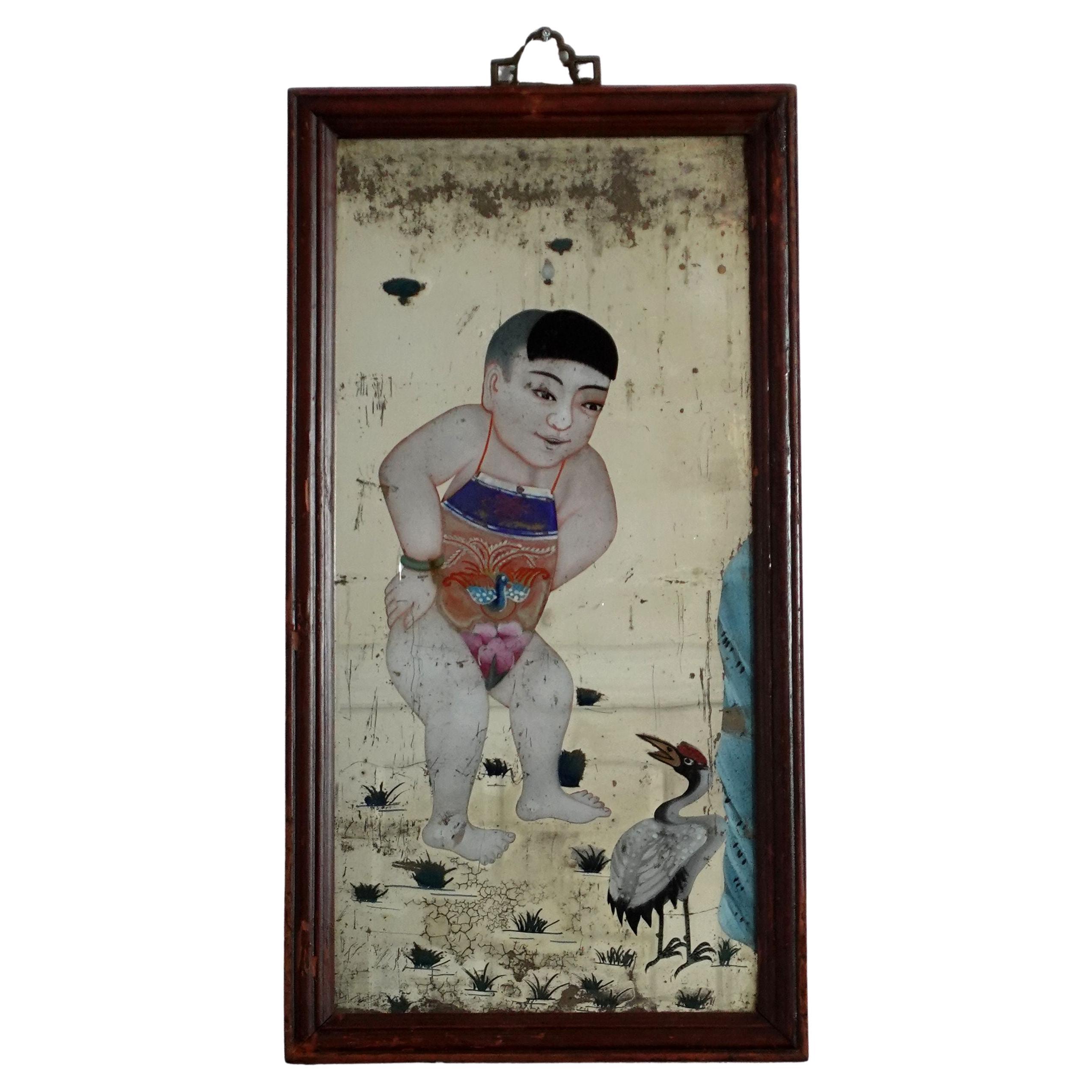 Chinese Export Reverse Paintings on Mirror-The Boy with a Crane