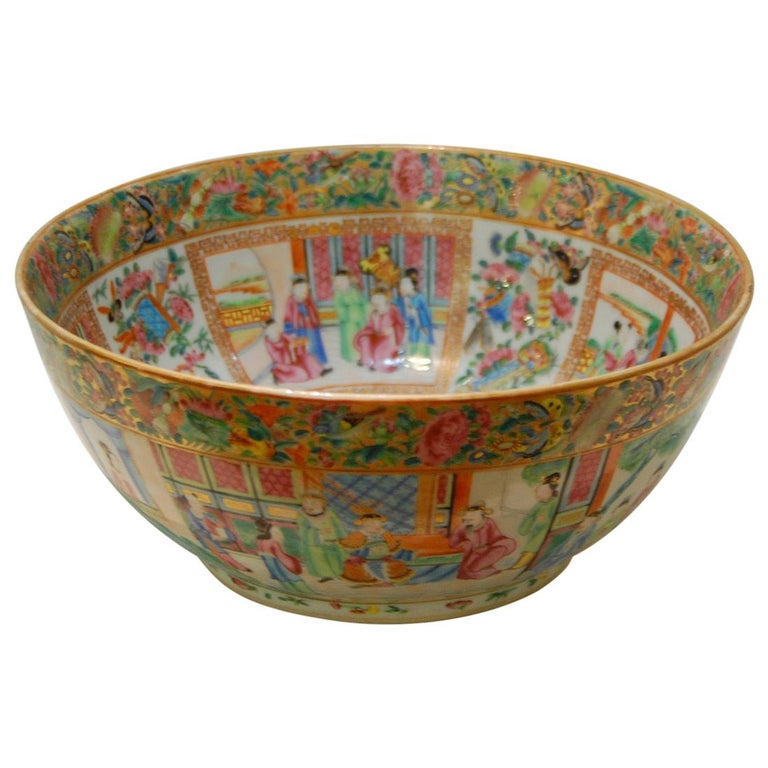 Chinese Export Rose Mandarin Punch Bowl, circa 1840 For Sale
