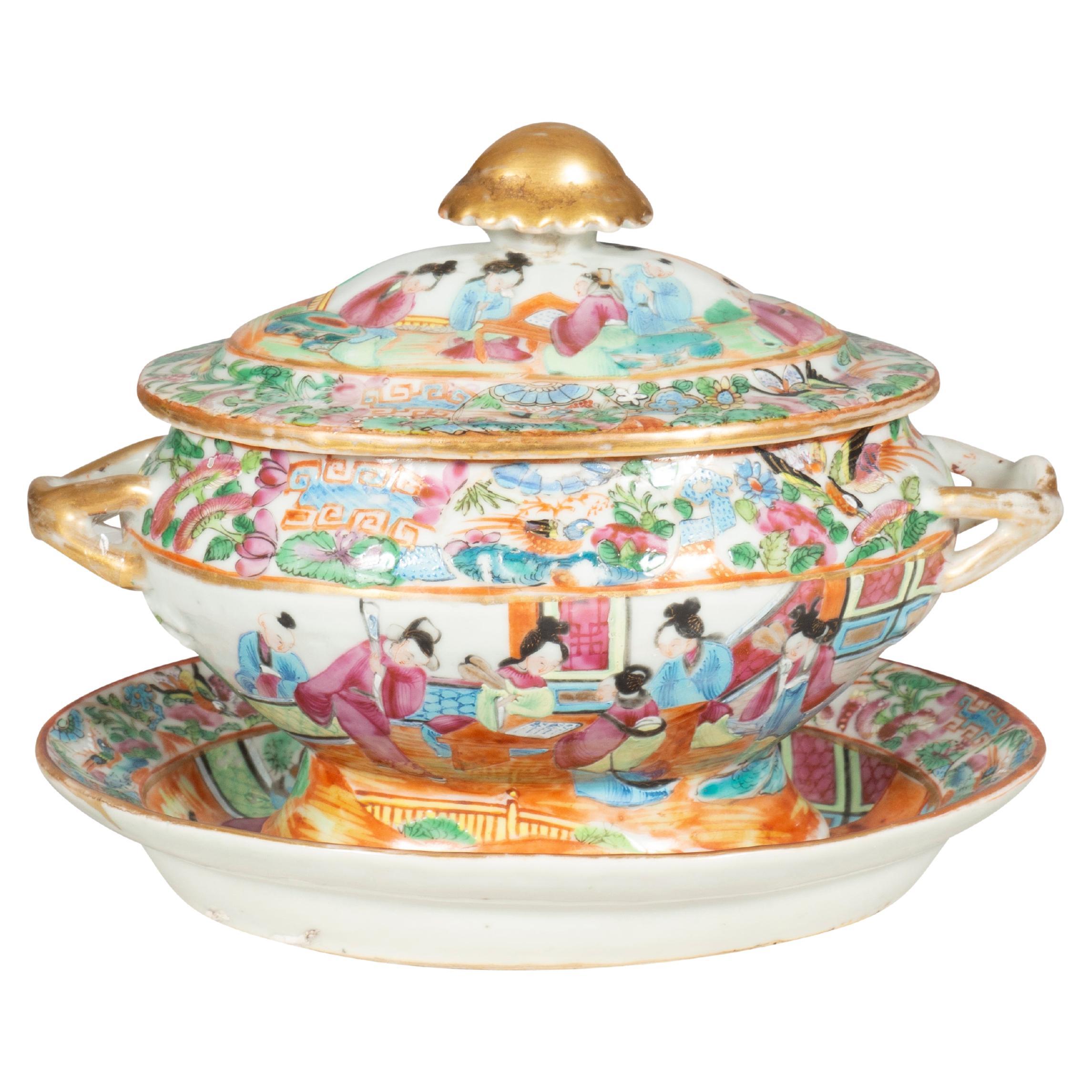 Chinese Export Rose Mandarin Sauce Tureen And Underplate For Sale