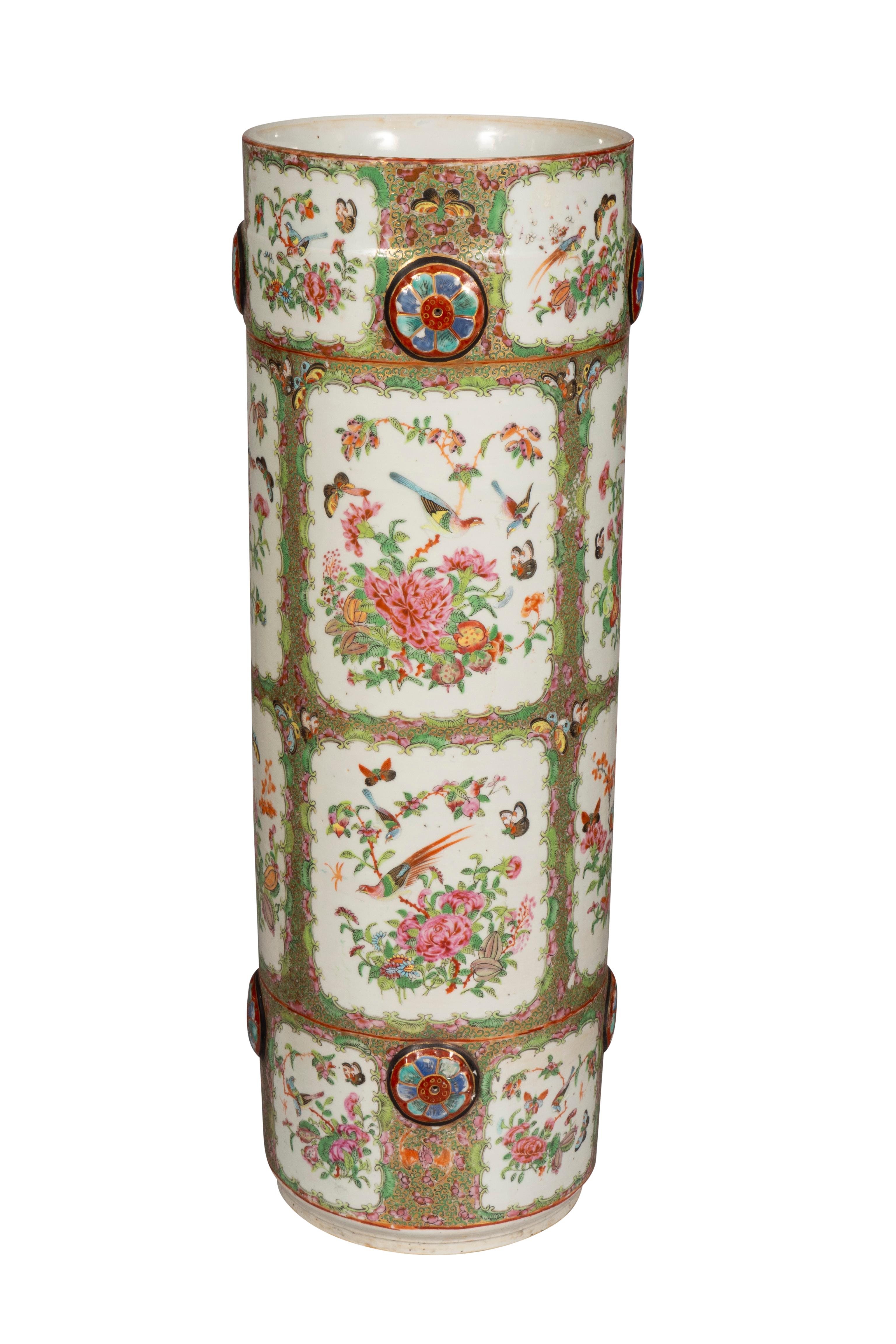 Cylindrical with overall enameled decoration. Bird ,butterfly and floral motif. 