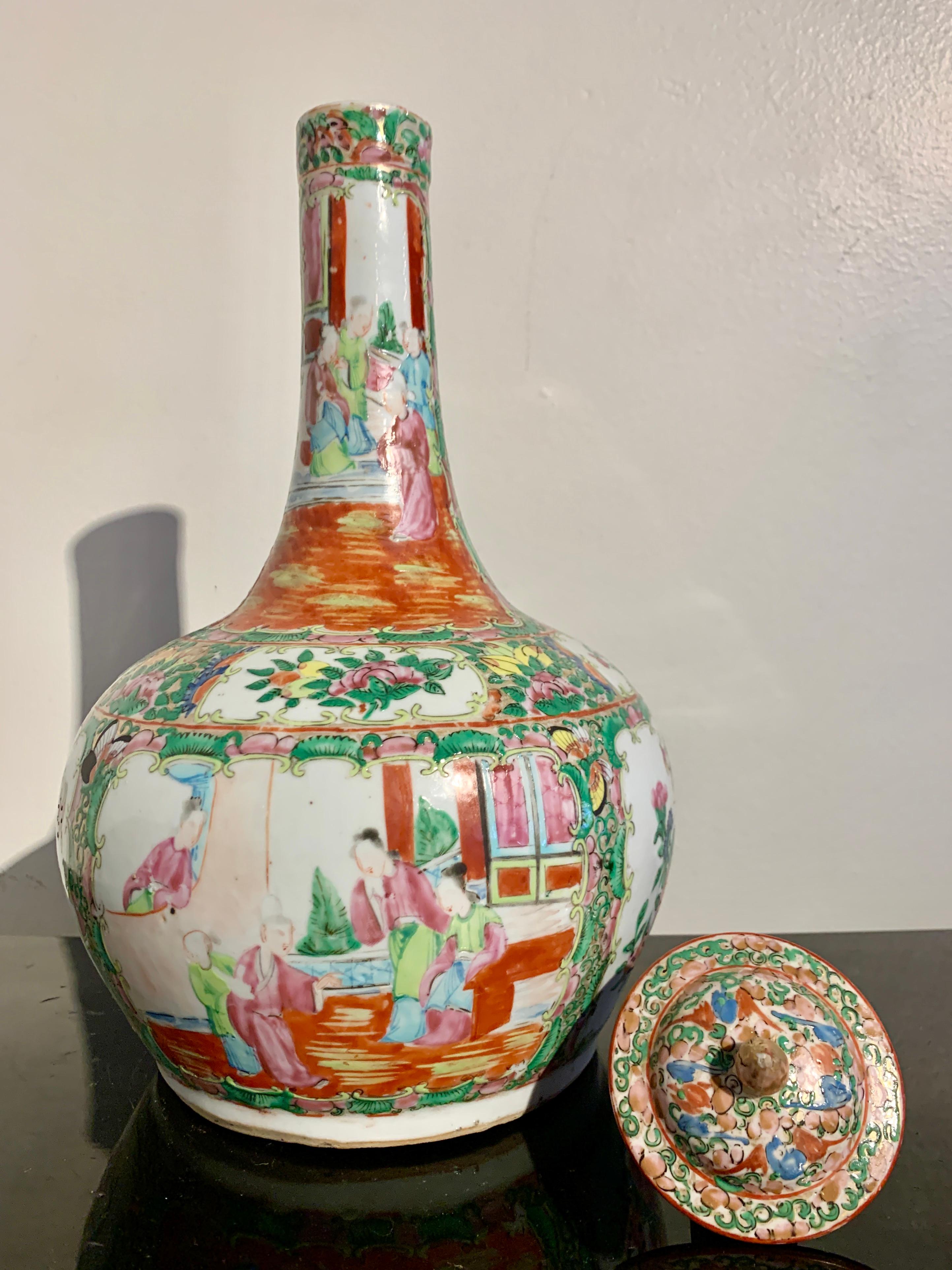 Chinese Export Rose Medallion Bottle Vase and Cover, Late 19th C, China For Sale 5