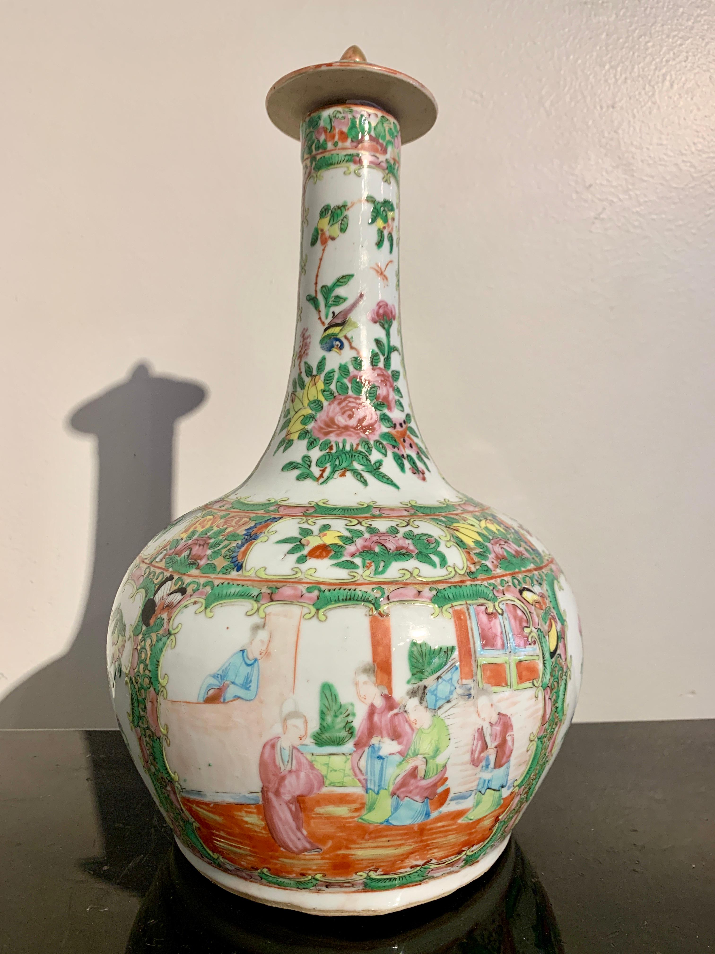Enameled Chinese Export Rose Medallion Bottle Vase and Cover, Late 19th C, China For Sale