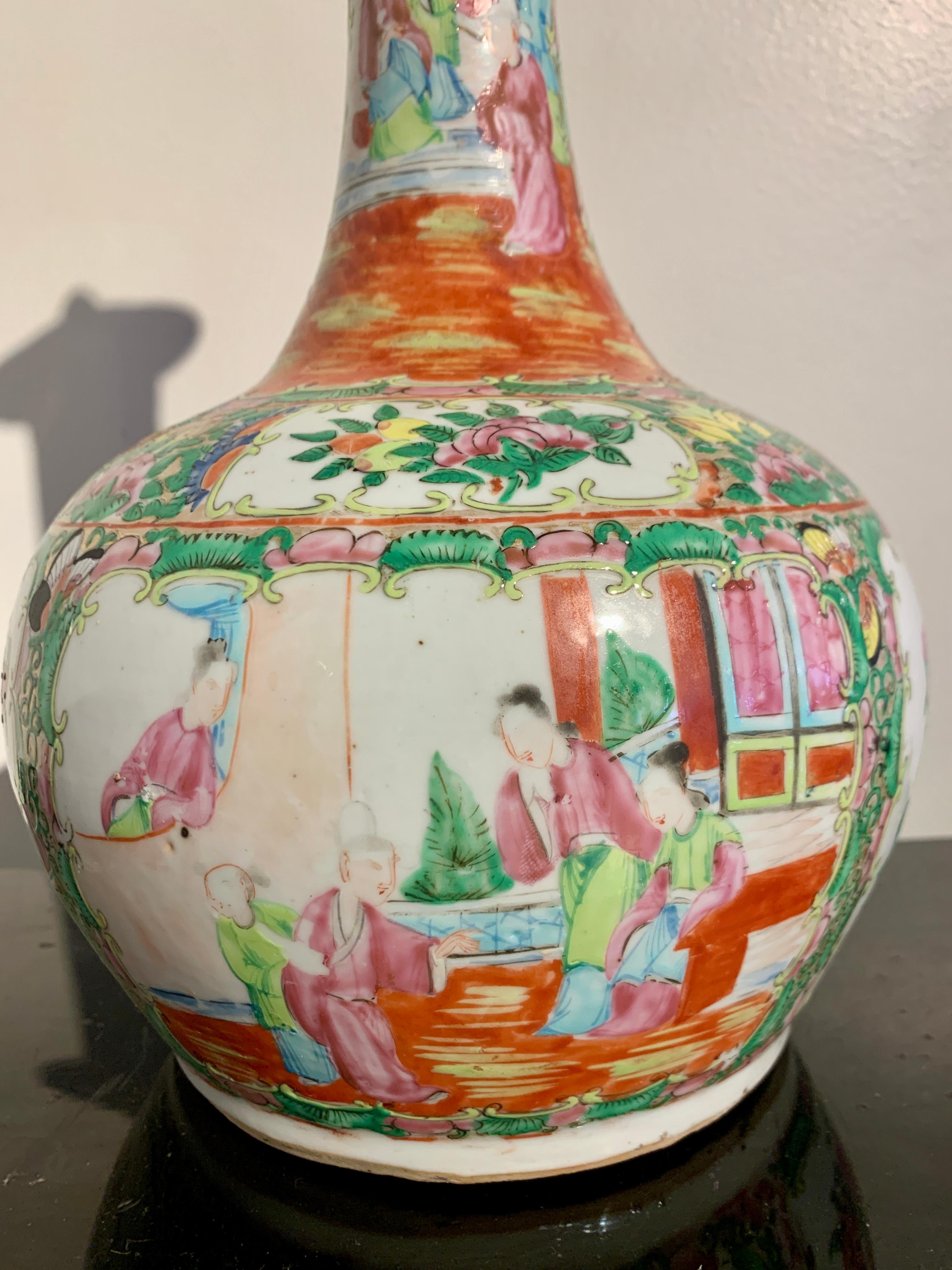 Porcelain Chinese Export Rose Medallion Bottle Vase and Cover, Late 19th C, China For Sale