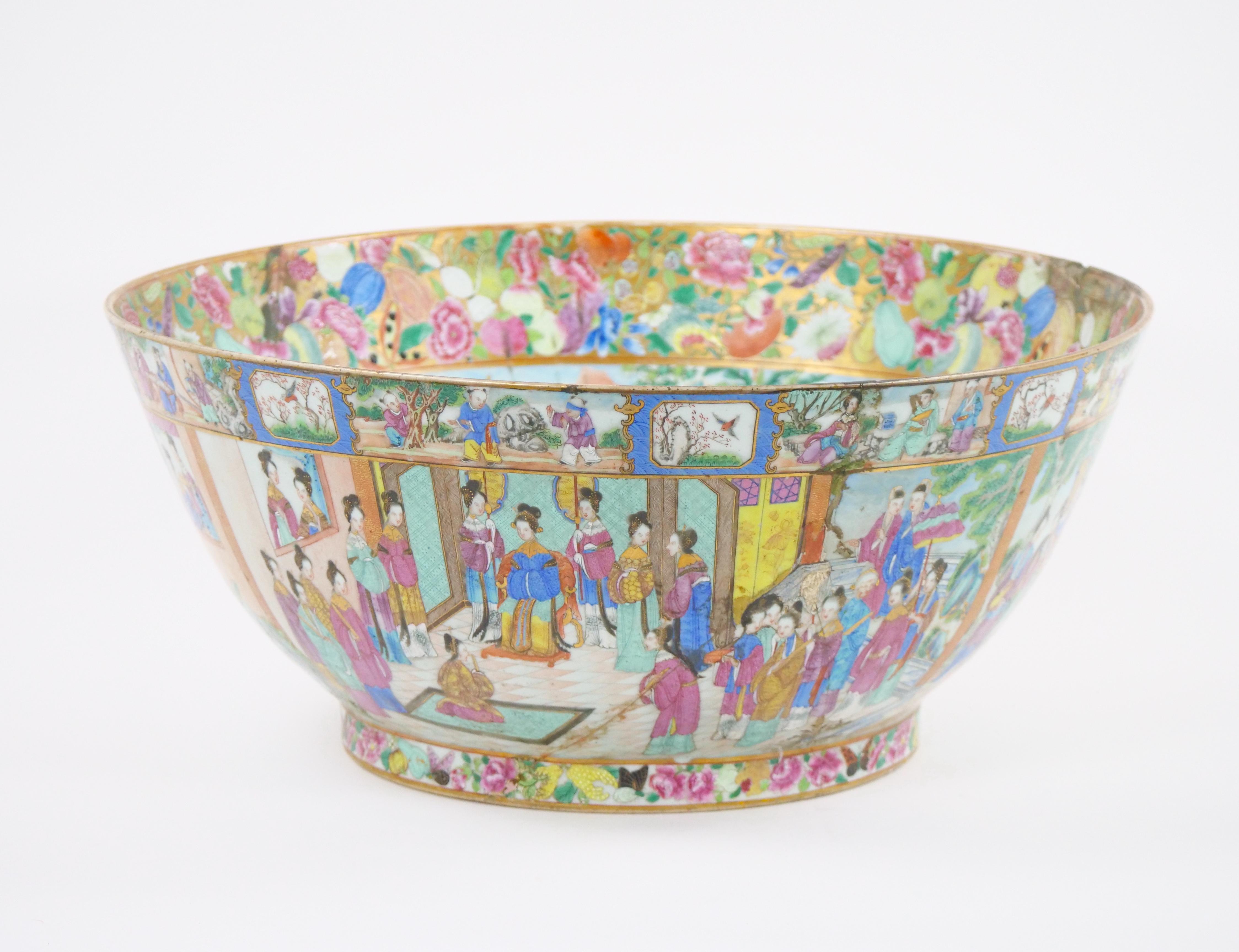 Enhance your leaving space with  this early 19th Century Chinese Export Rose Medallion Famille Rose canton porcelain punch bowl with multiple cartooge panels. The exterior of this gorgeous bowl is decorated with multiple panels which include the