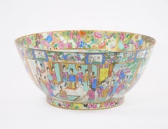 Chinese Export Rose Medallion Canton Porcelain Punch Bowl w/ Multiple Cartooges