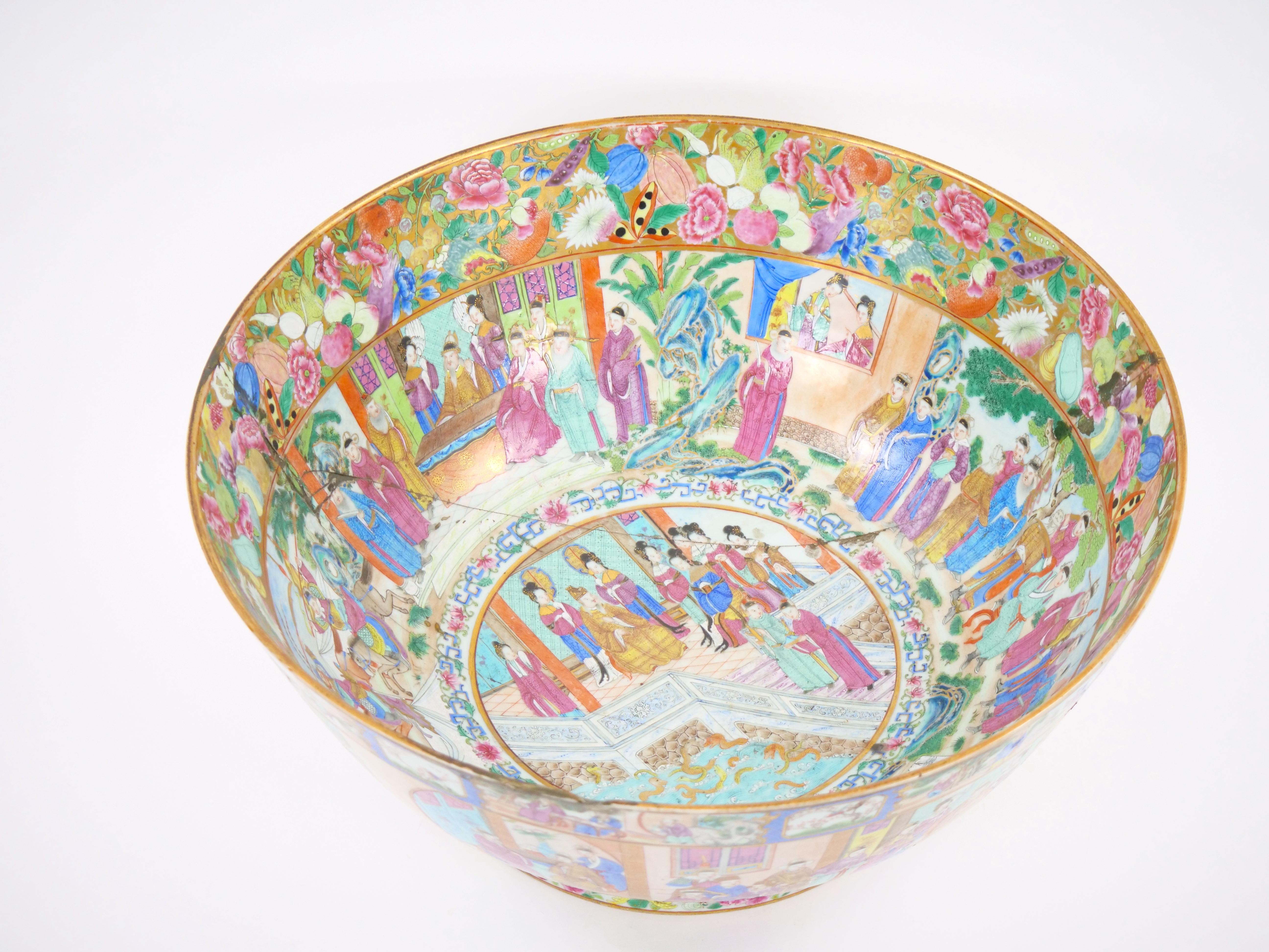 Enameled Chinese Export Rose Medallion Canton Porcelain Punch Bowl w/ Multiple Cartooges For Sale