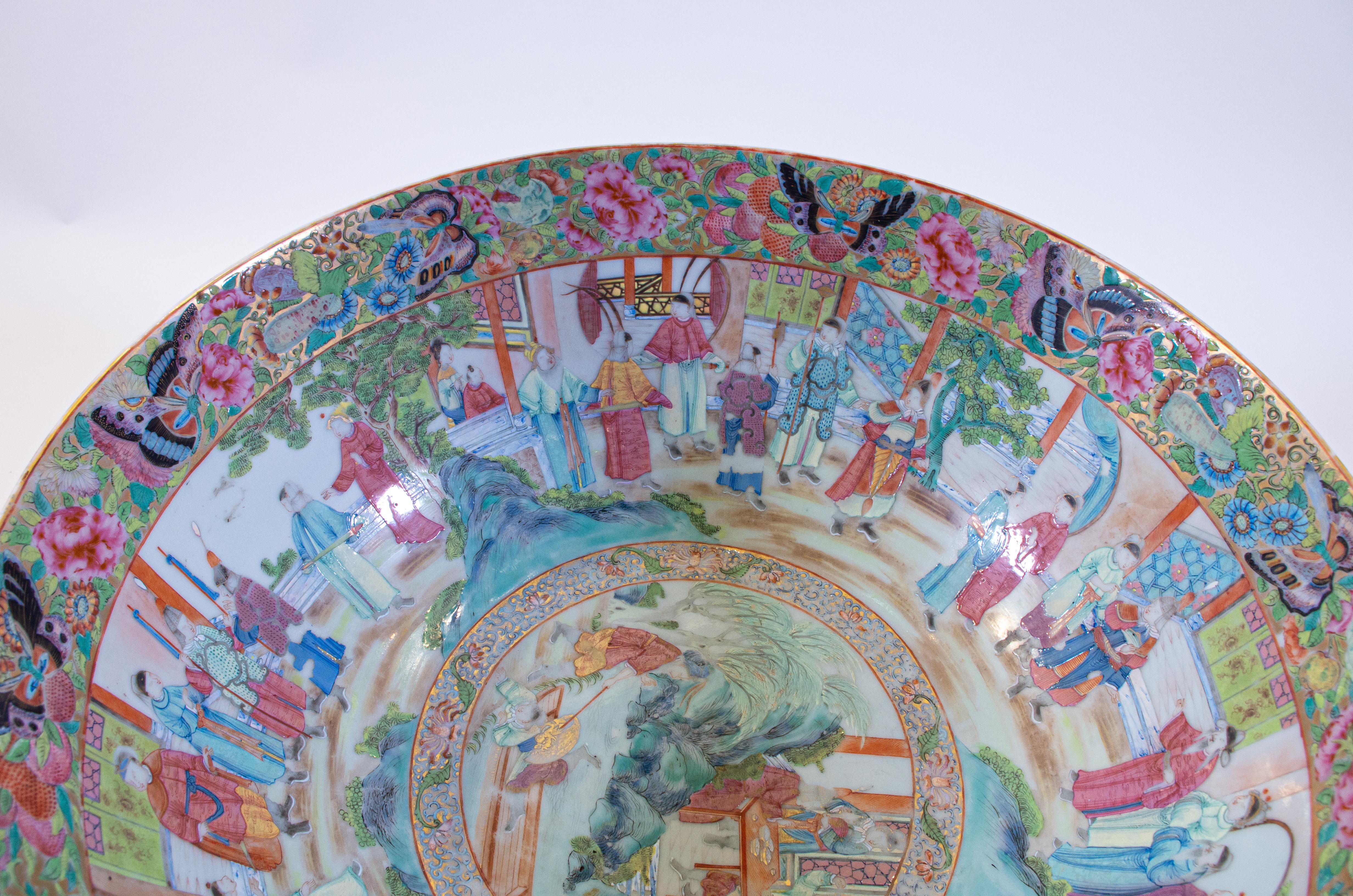 Enameled Chinese Export Rose Medallion Canton Porcelain Punch Bowl w/ Multiple Cartooges For Sale