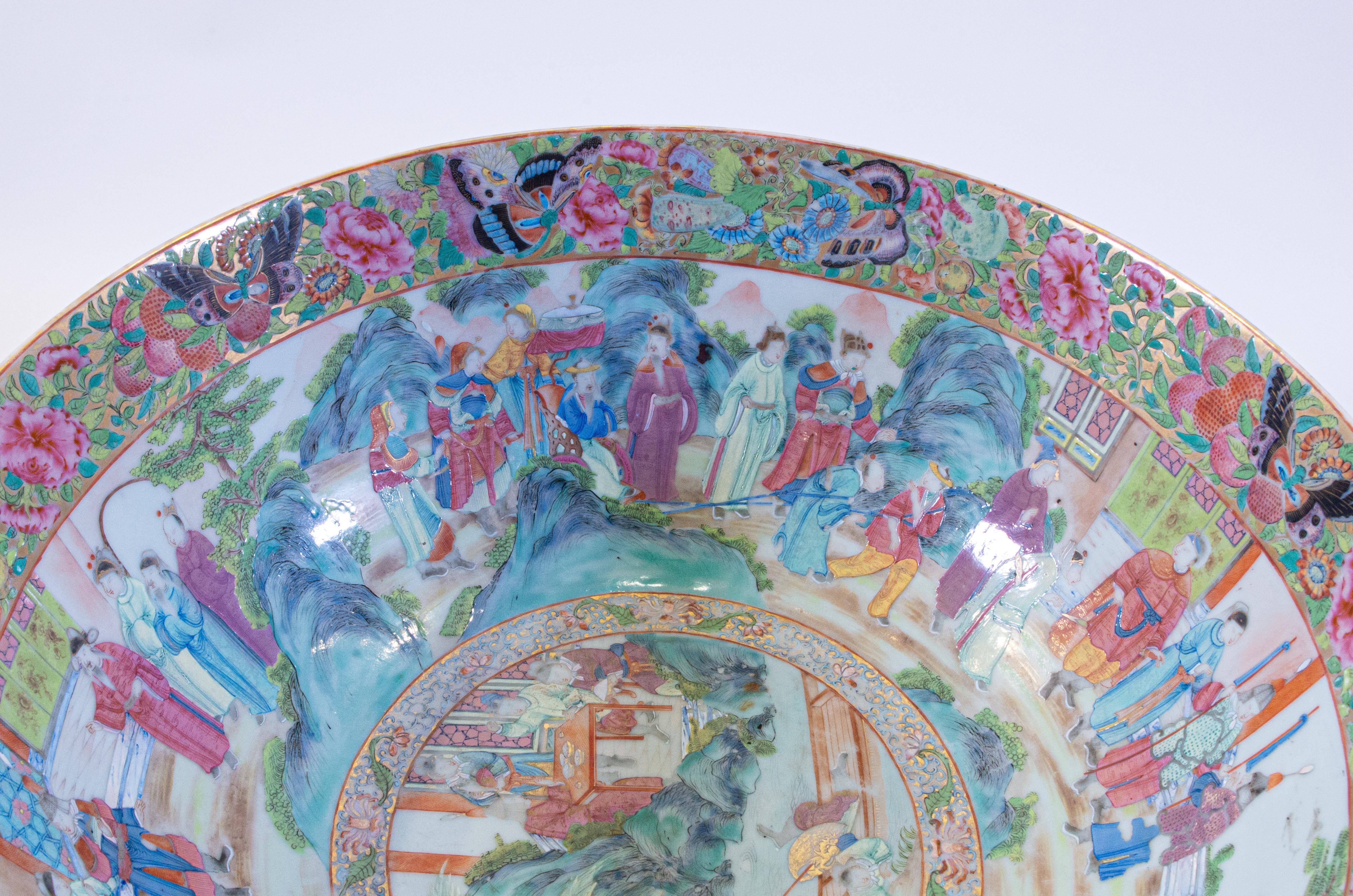 Late 19th Century Chinese Export Rose Medallion Canton Porcelain Punch Bowl w/ Multiple Cartooges For Sale