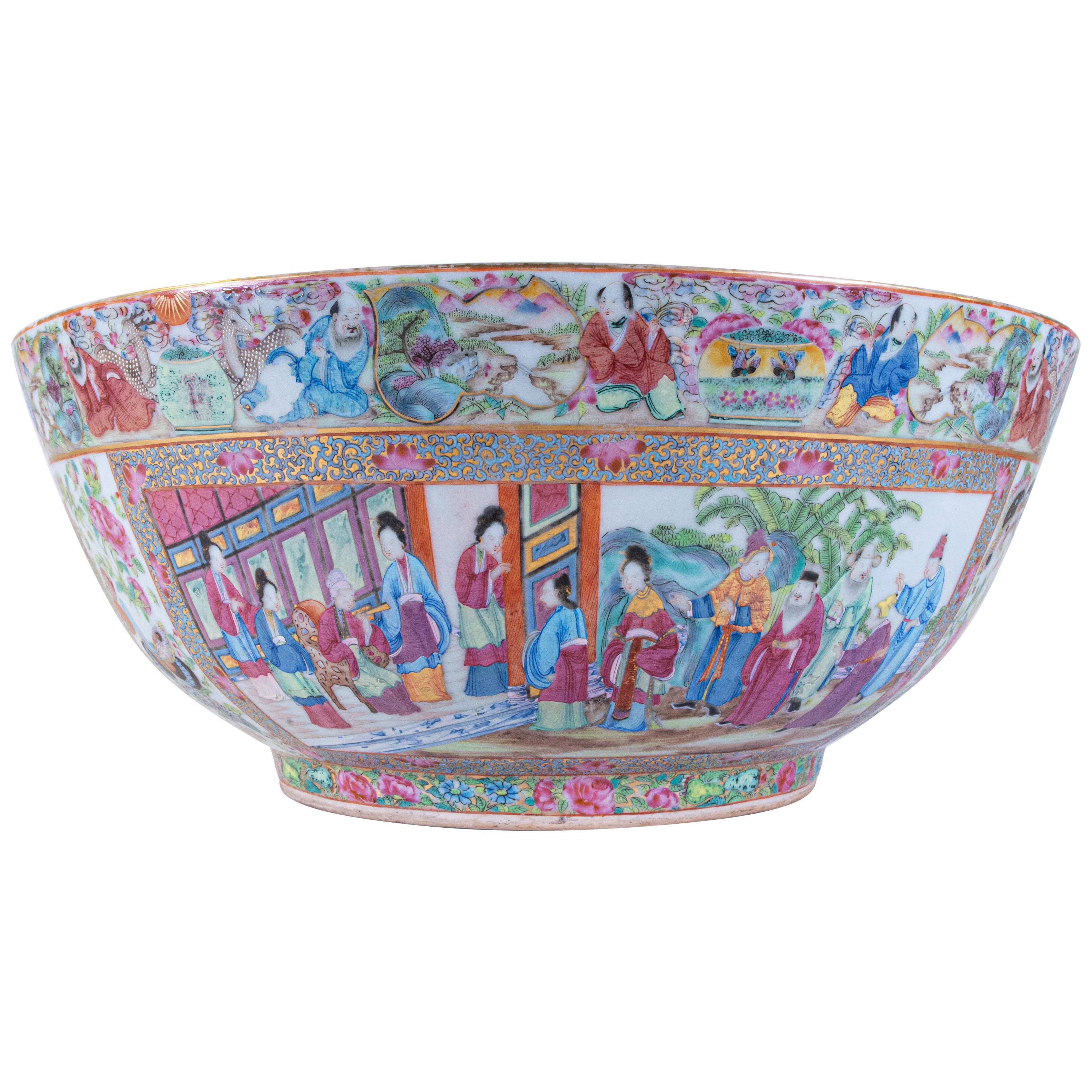 Chinese Export Rose Medallion Canton Porcelain Punch Bowl w/ Multiple Cartooges