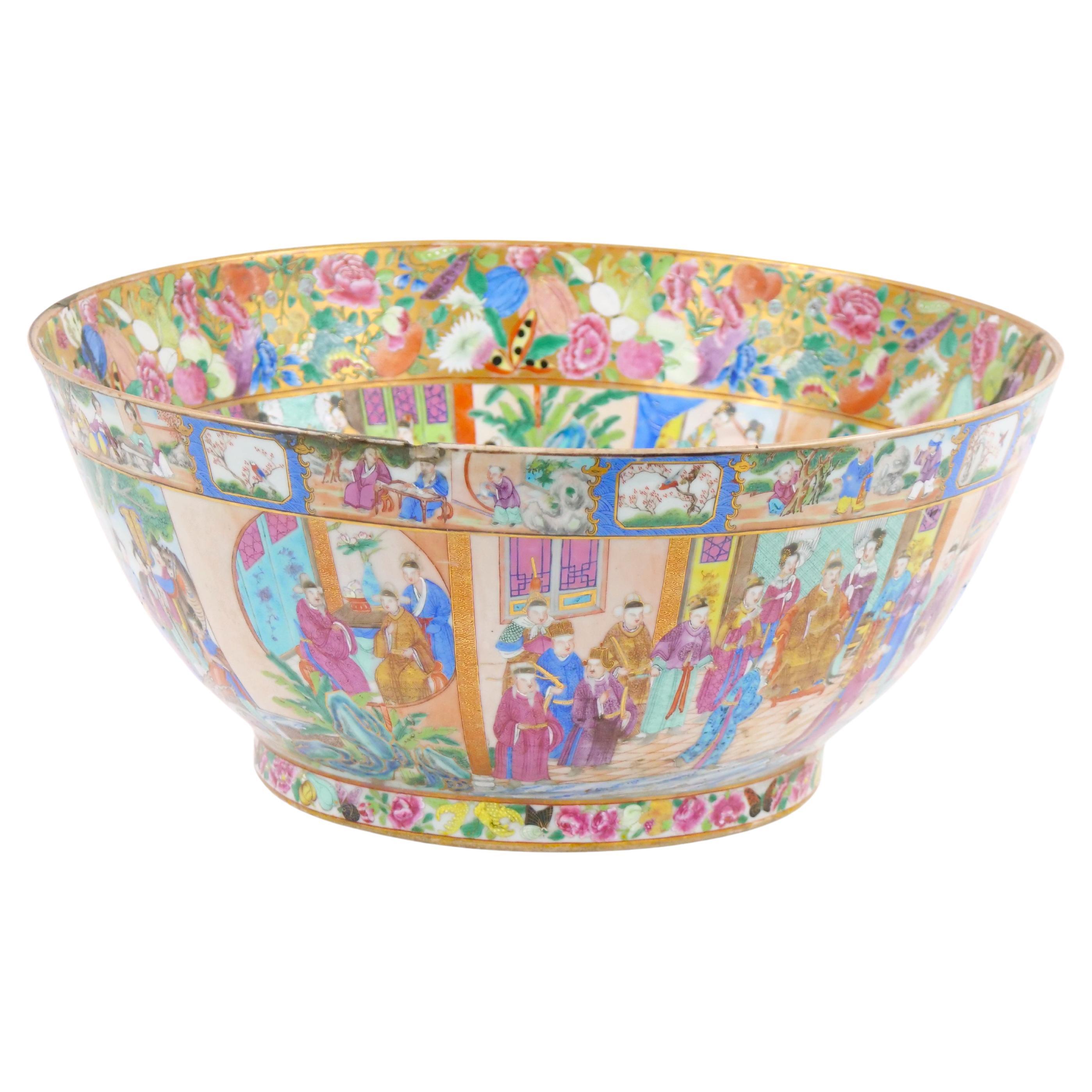 Chinese Export Rose Medallion Canton Porcelain Punch Bowl w/ Multiple Cartooges For Sale