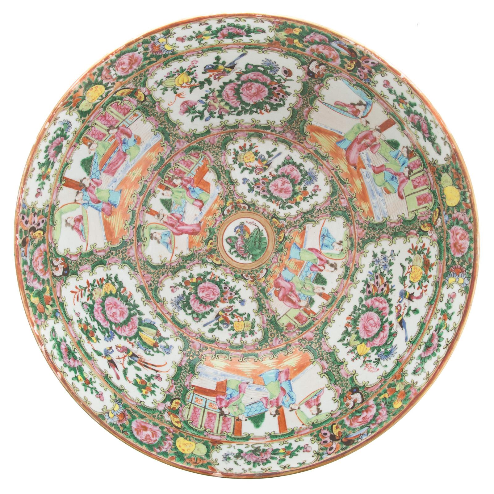 19th Century Chinese Export Rose Medallion Punch Bowl For Sale