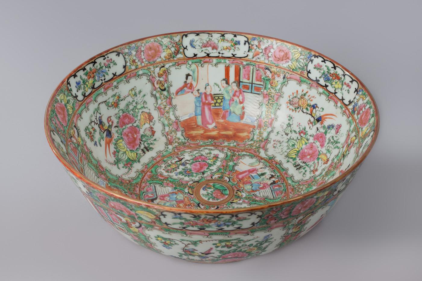 Glazed Chinese Export Rose Medallion Punch Bowl For Sale