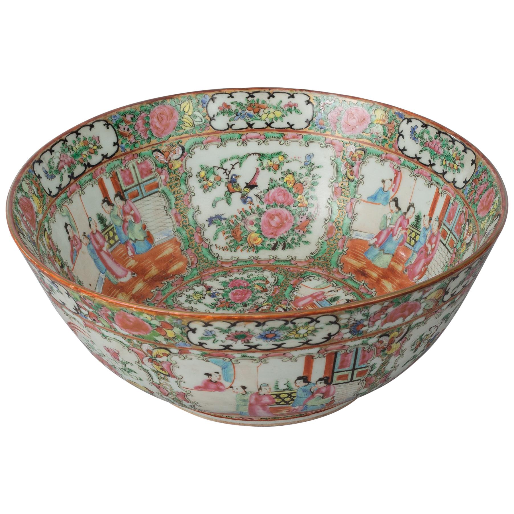 Chinese Export Rose Medallion Punch Bowl For Sale