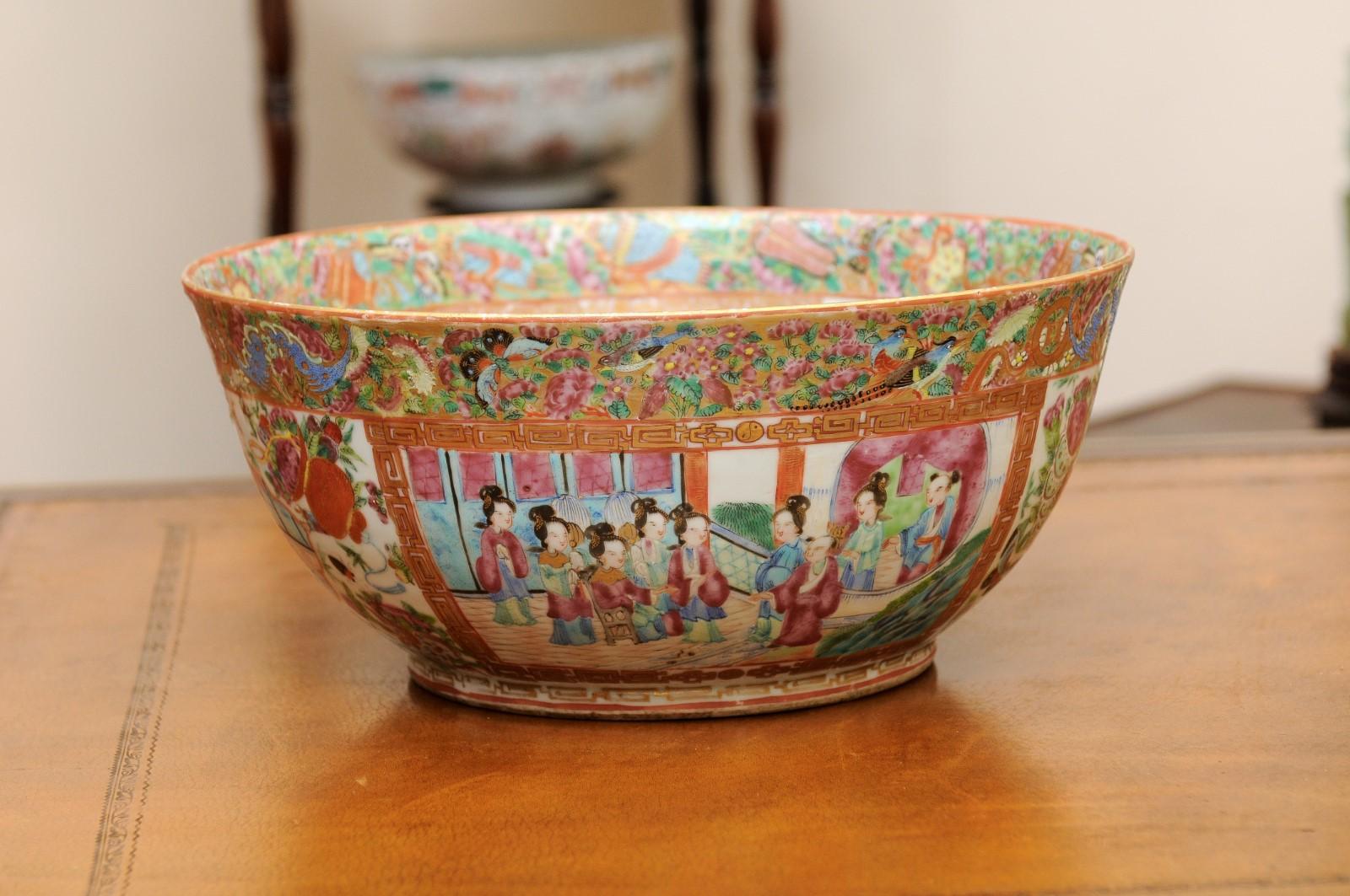 Chinese Export Rose Medallion Punch Porcelain Bowl with Greek Key In Good Condition For Sale In Atlanta, GA