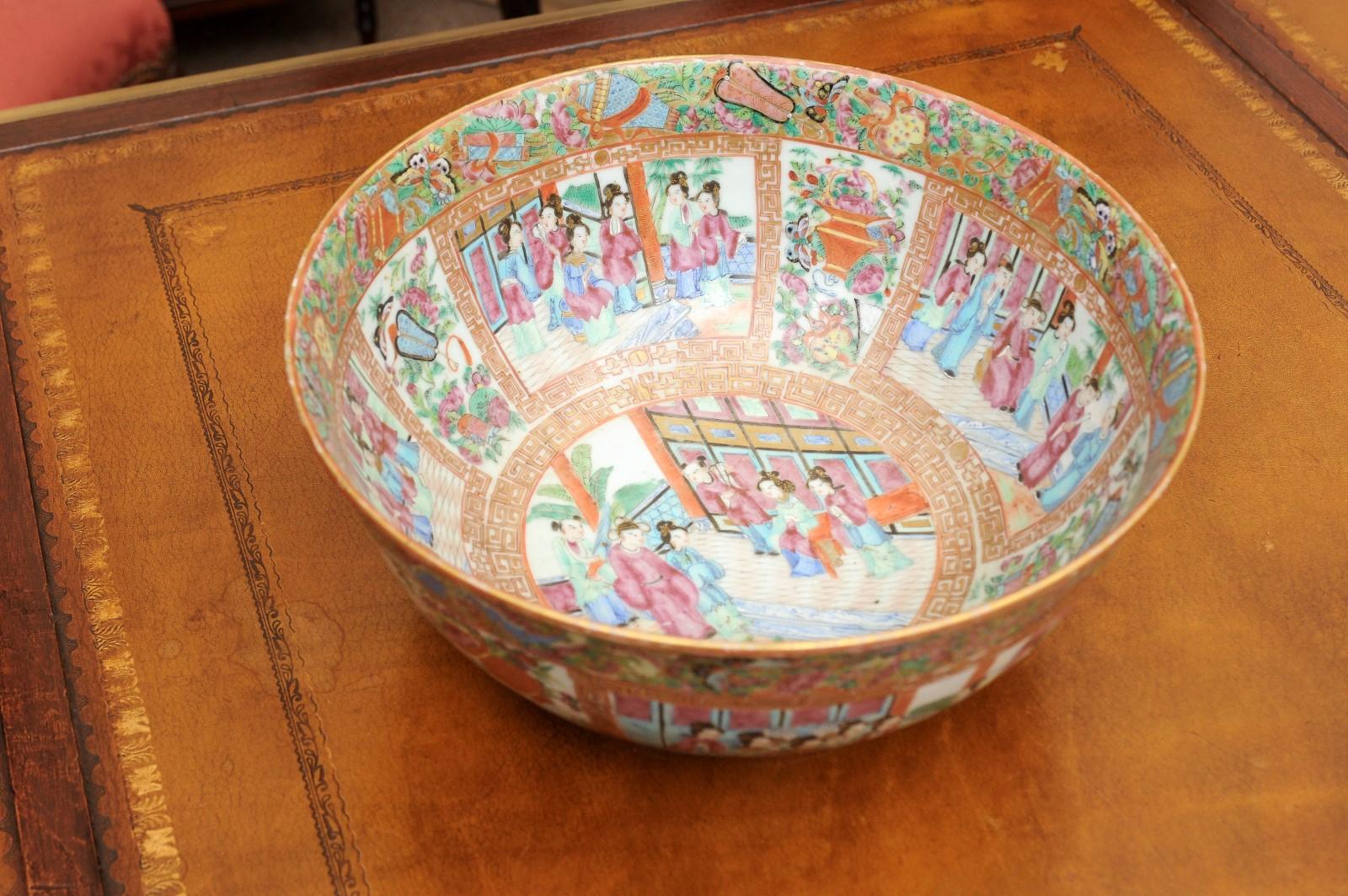 19th Century Chinese Export Rose Medallion Punch Porcelain Bowl with Greek Key For Sale