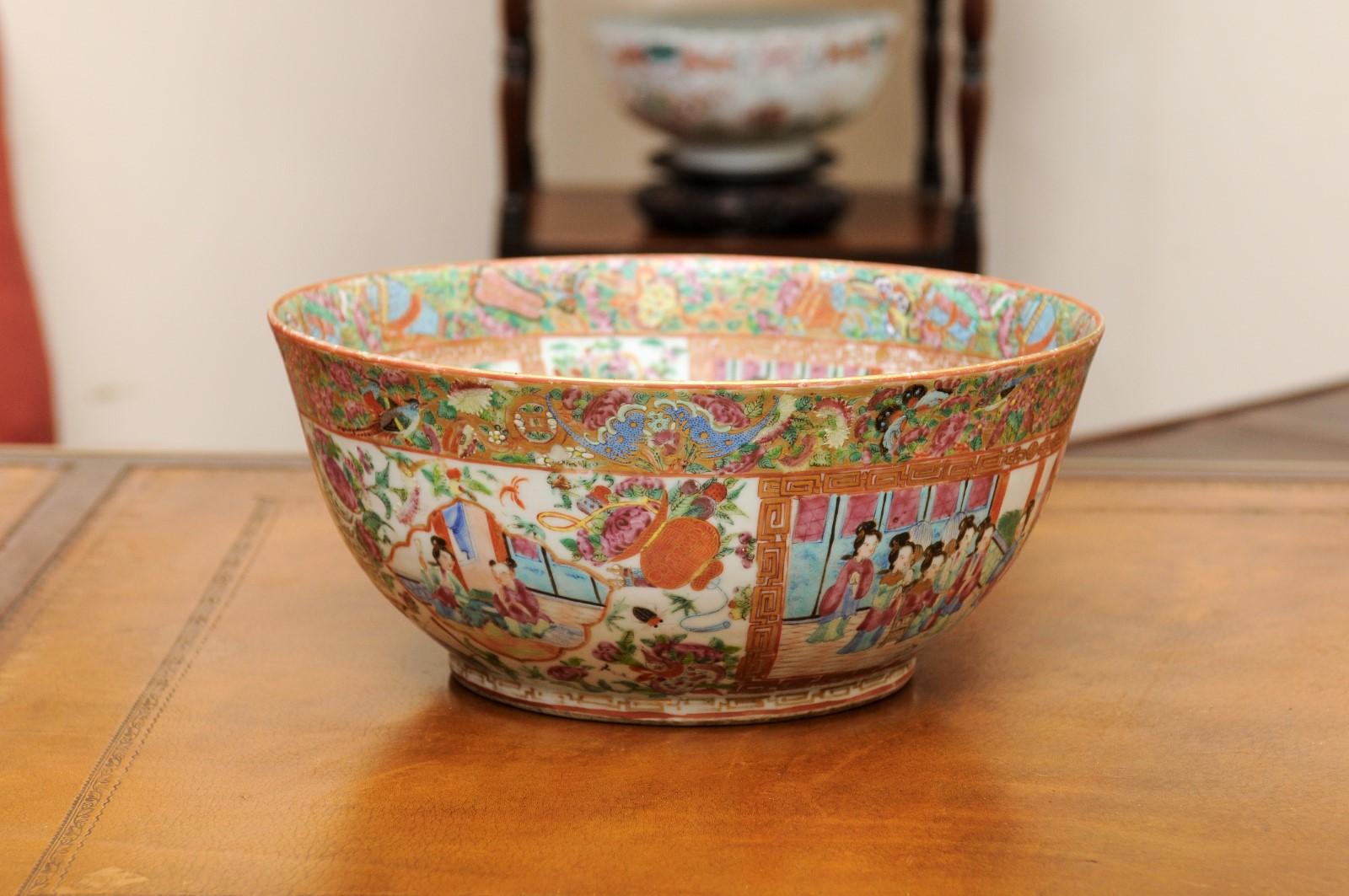 Chinese Export Rose Medallion Punch Porcelain Bowl with Greek Key For Sale 1