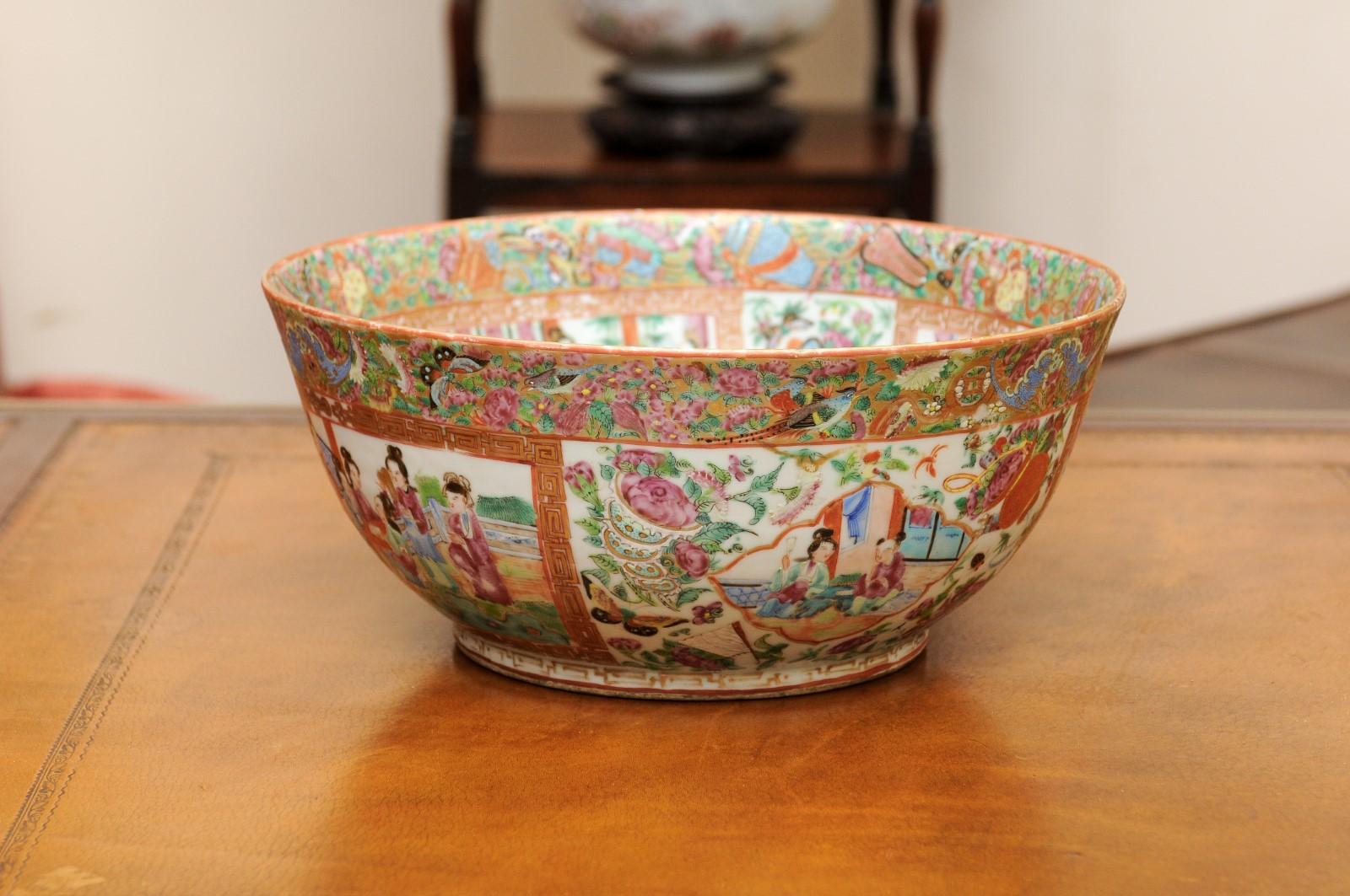 Chinese Export Rose Medallion Punch Porcelain Bowl with Greek Key For Sale 2