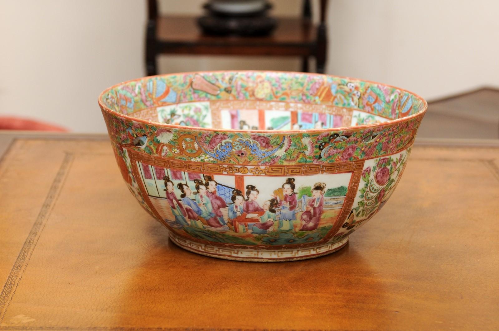 Chinese Export Rose Medallion Punch Porcelain Bowl with Greek Key For Sale 3