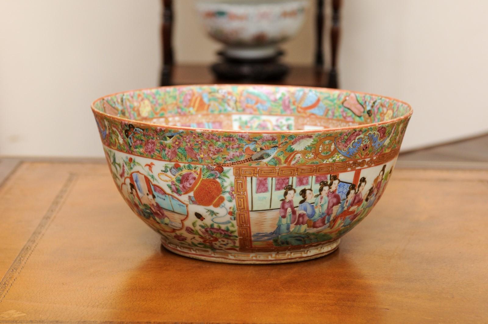 Chinese Export Rose Medallion Punch Porcelain Bowl with Greek Key For Sale 4
